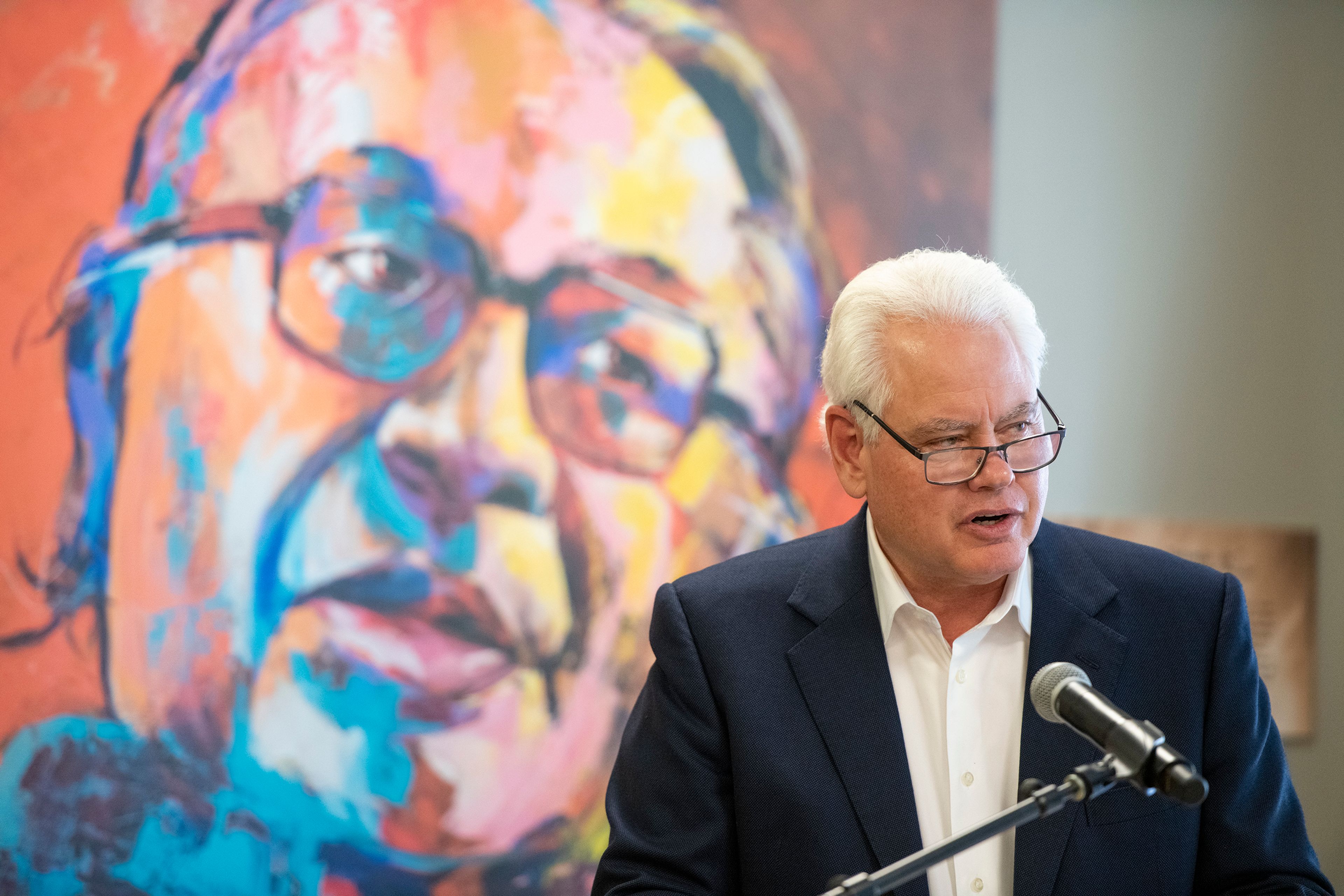 University of Idaho President Scott Green speaks during a dedication for the sculpture, “Sacagawea and Jean Baptiste,” inside Bruce M. Pitman Center’s Tribal Lounge in Moscow on Friday.