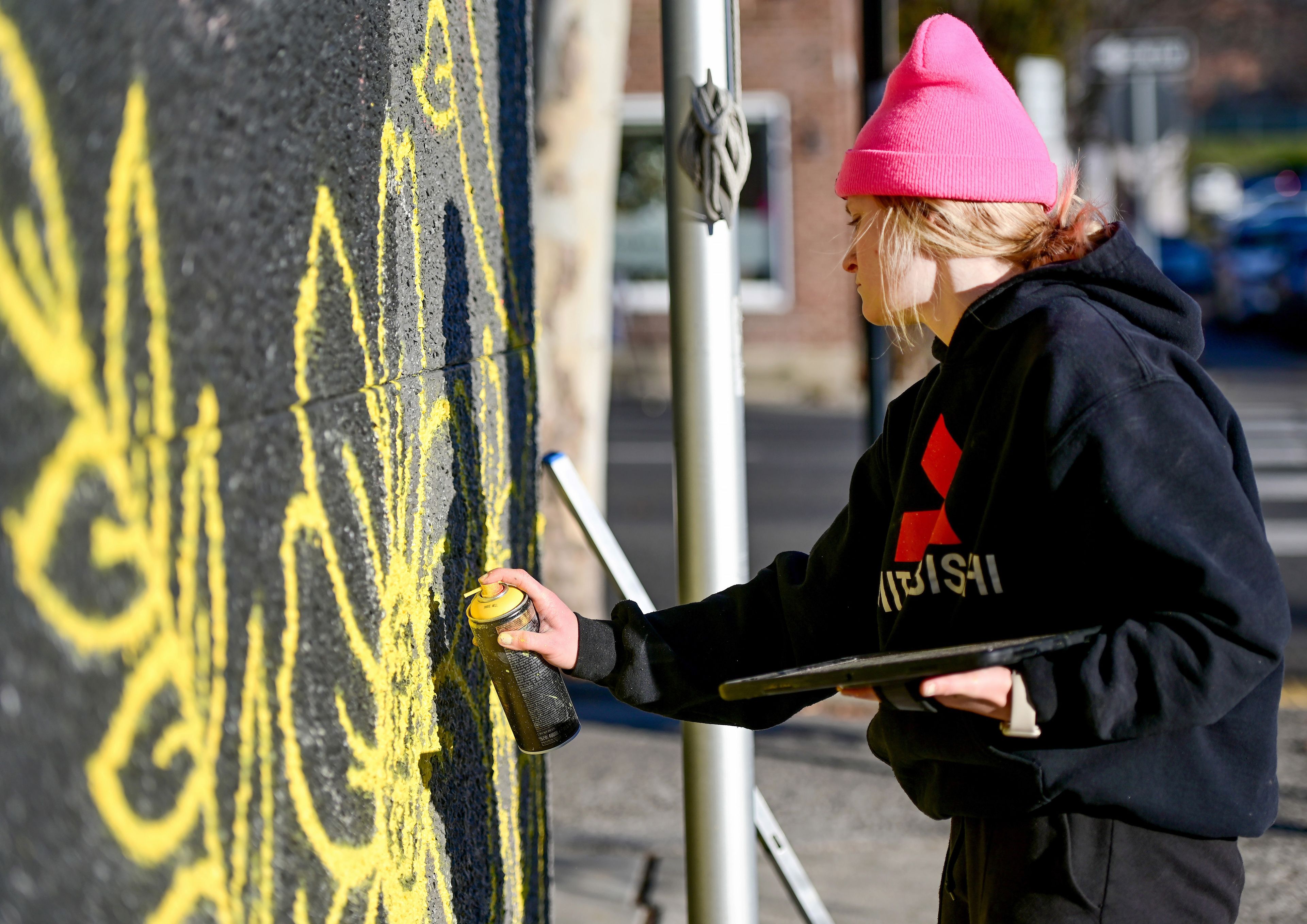 Mikaela Herrick, a University of Idaho senior studio art and design student, places finishing touches on a mural at the corner of Fourth and Washington streets in Moscow on Tuesday.