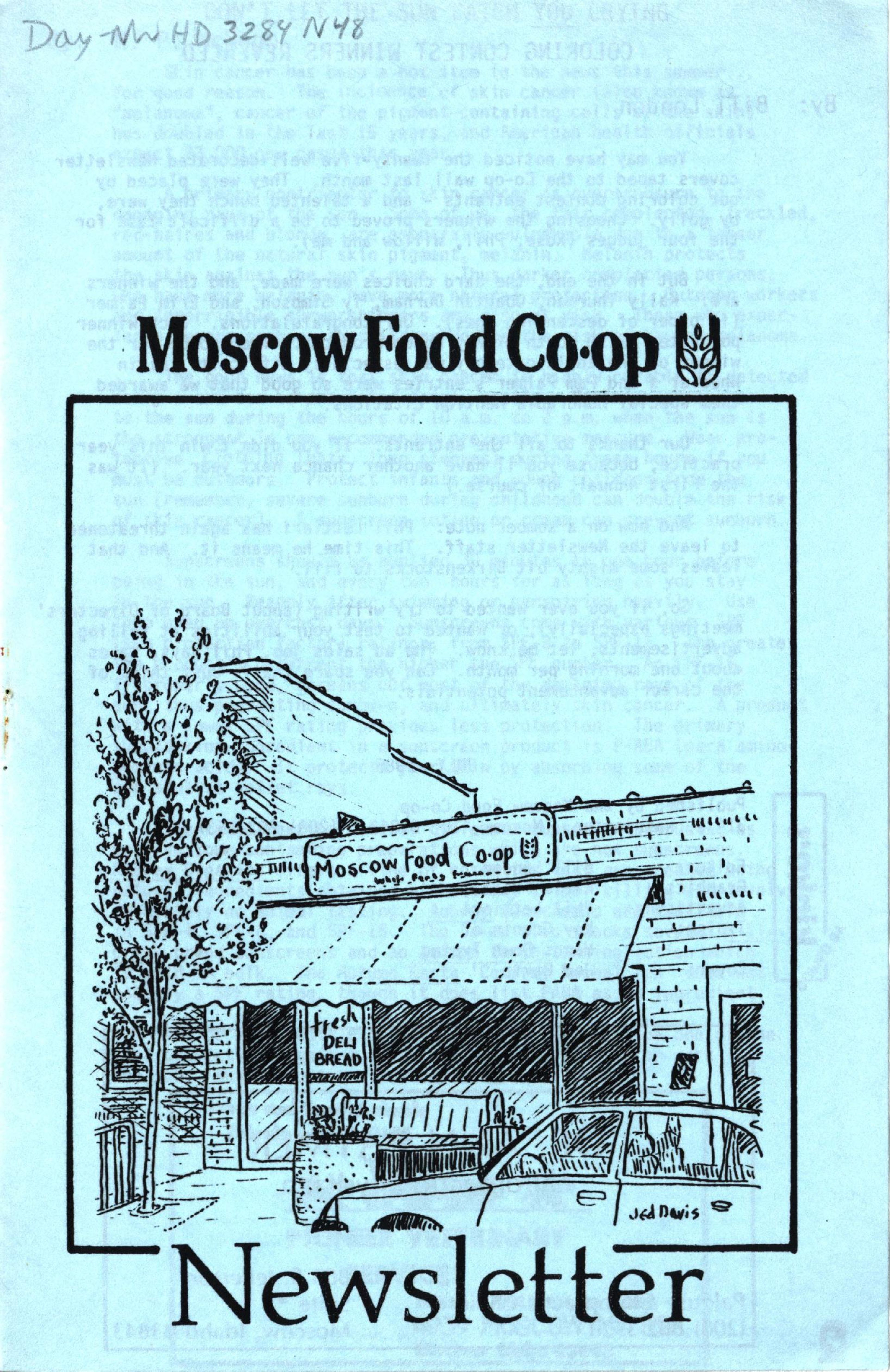 Cover of the July 1986 Moscow Food Coop newsletter. Hand-drawn illustrations were frequently featured cover art.