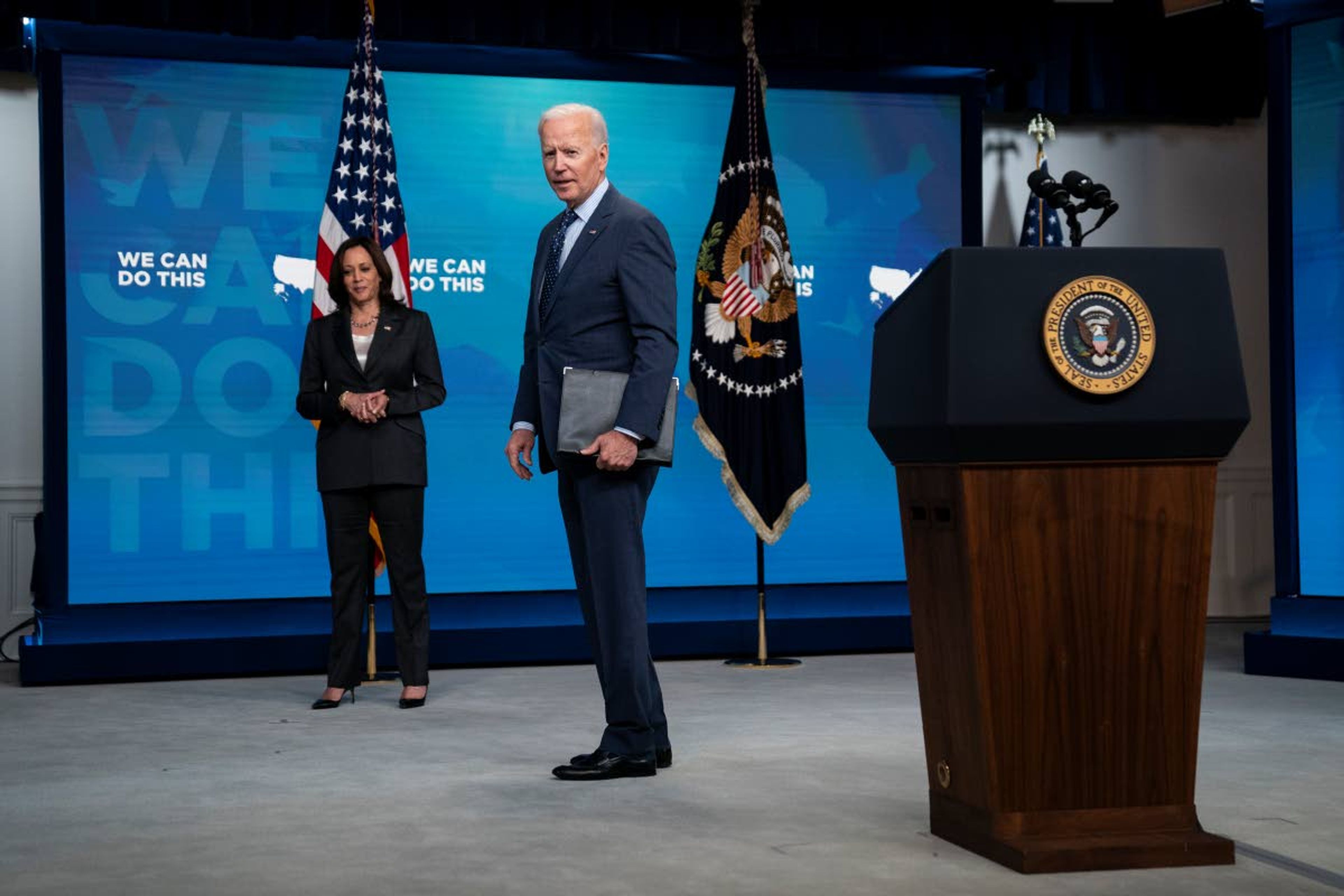 Vice President Kamala Harris listens as President Joe Biden answers a question after speaking about the COVID-19 vaccination program, in the South Court Auditorium on the White House campus, Wednesday, June 2, 2021, in Washington. (AP Photo/Evan Vucci)