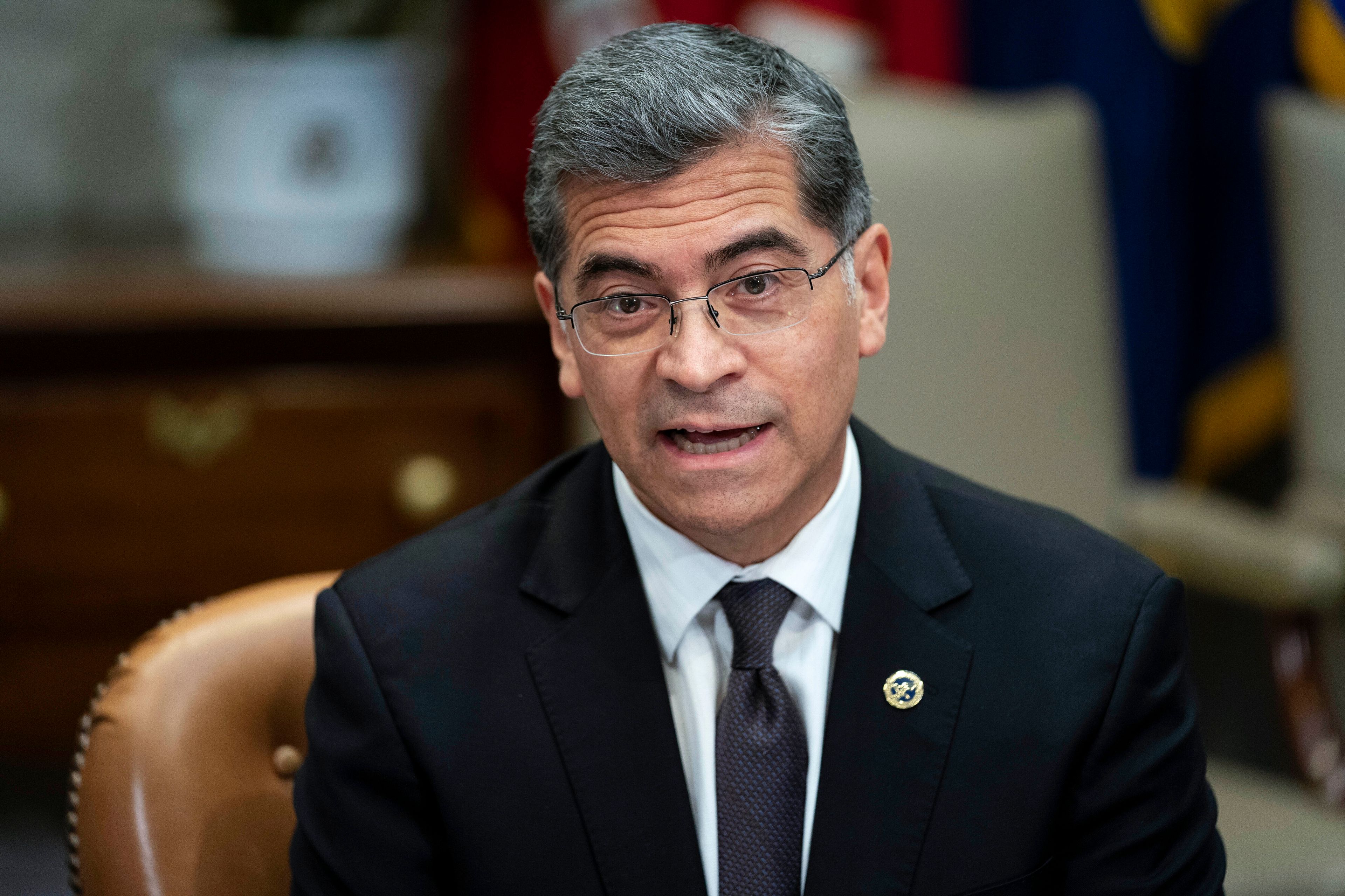 FILE - Health and Human Services Secretary Xavier Becerra speaks during a meeting with a task force on reproductive health care access in the Roosevelt Room of the White House, April 12, 2023, in Washington.