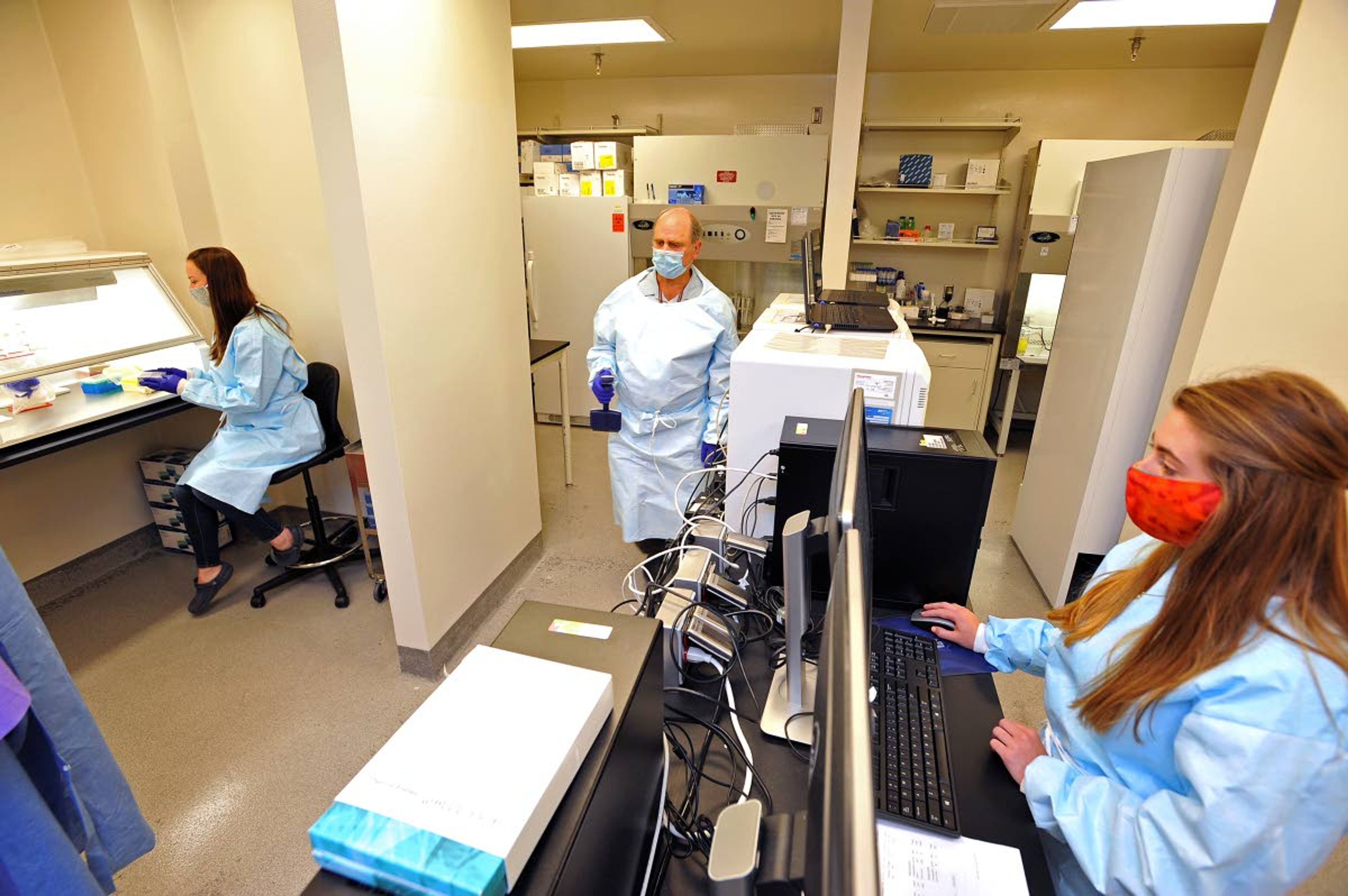 Laboratory workers process SARS-Cov-2 test samples on Friday at the Washington Animal Disease Diagnostic Laboratory at Washington State University in Pullman.