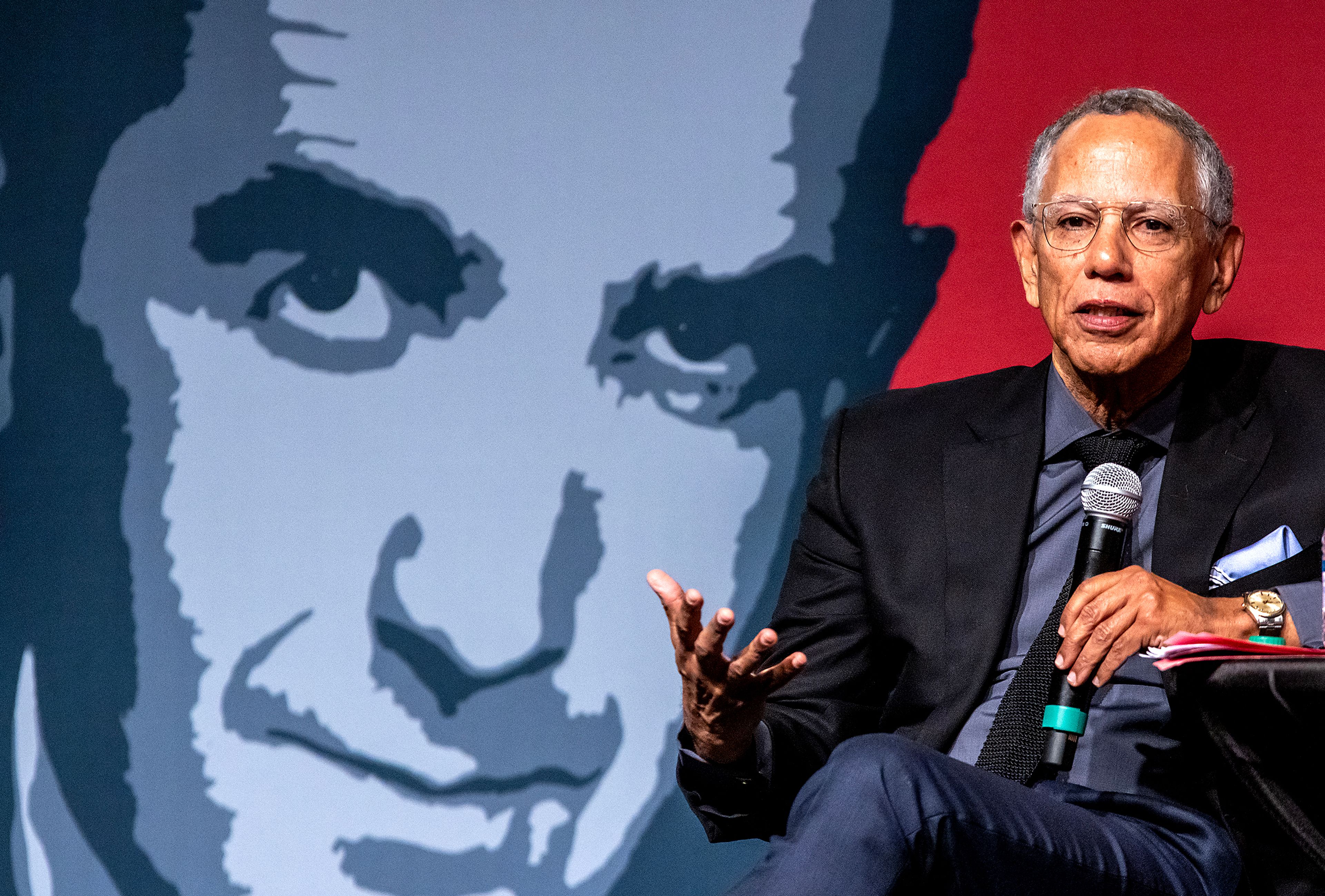 Dean Baquet answers questions after being awarded the Lifetime Achievement Award at the Murrow Symposium Tuesday in Pullman.