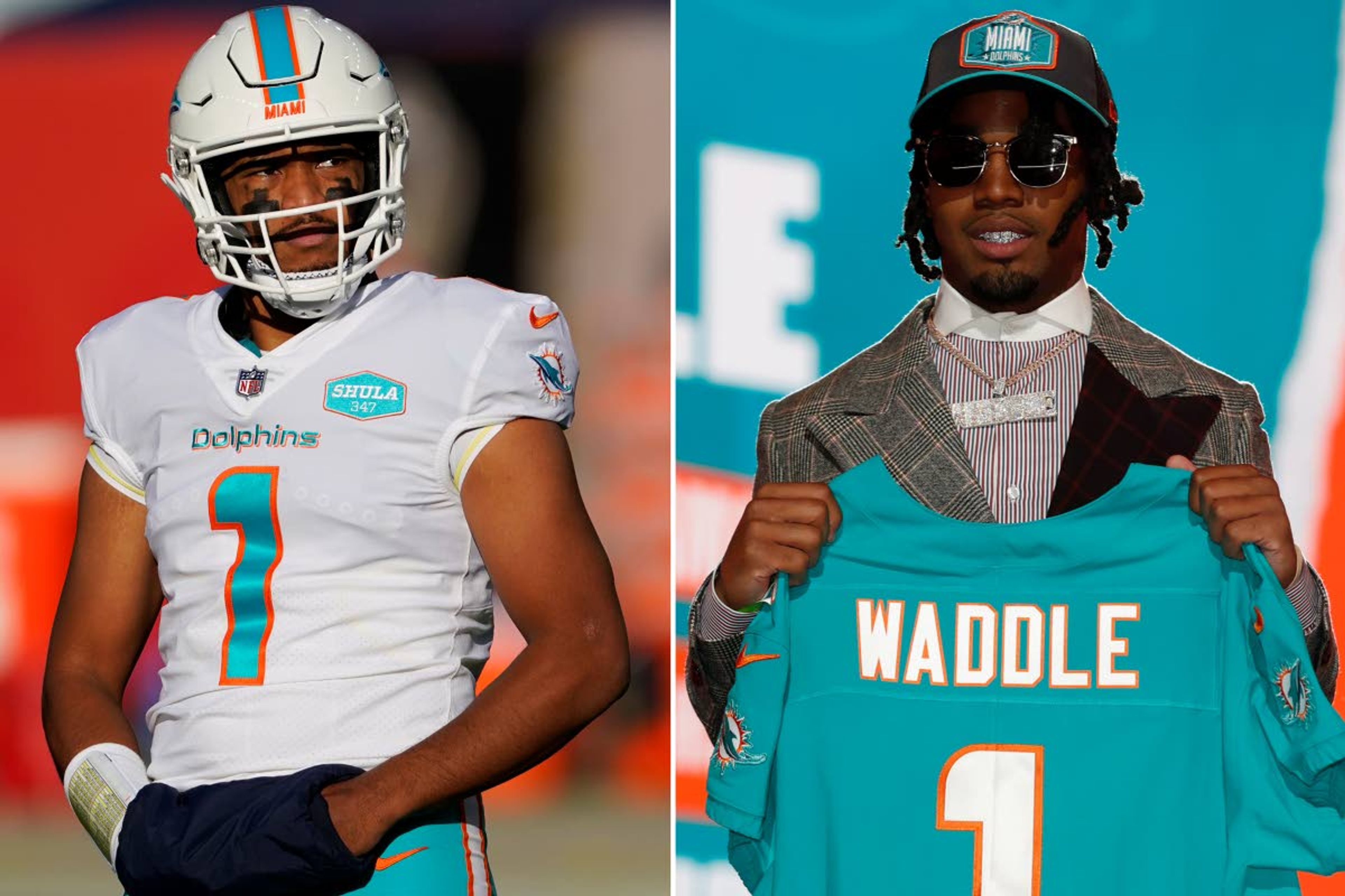 At left, Miami Dolphins quarterback and former quarterback at Alabama Tua Tagovailoa (1) is shown during an NFL football game against the Denver Broncos in Denver, in a Nov. 22, 2020, file photo. At right, Alabama wide receiver Jaylen Waddle holds a team jersey after being chosen by the Miami Dolphins with the sixth pick at the NFL football draft in Cleveland, in an April 29, 2021, file photo.