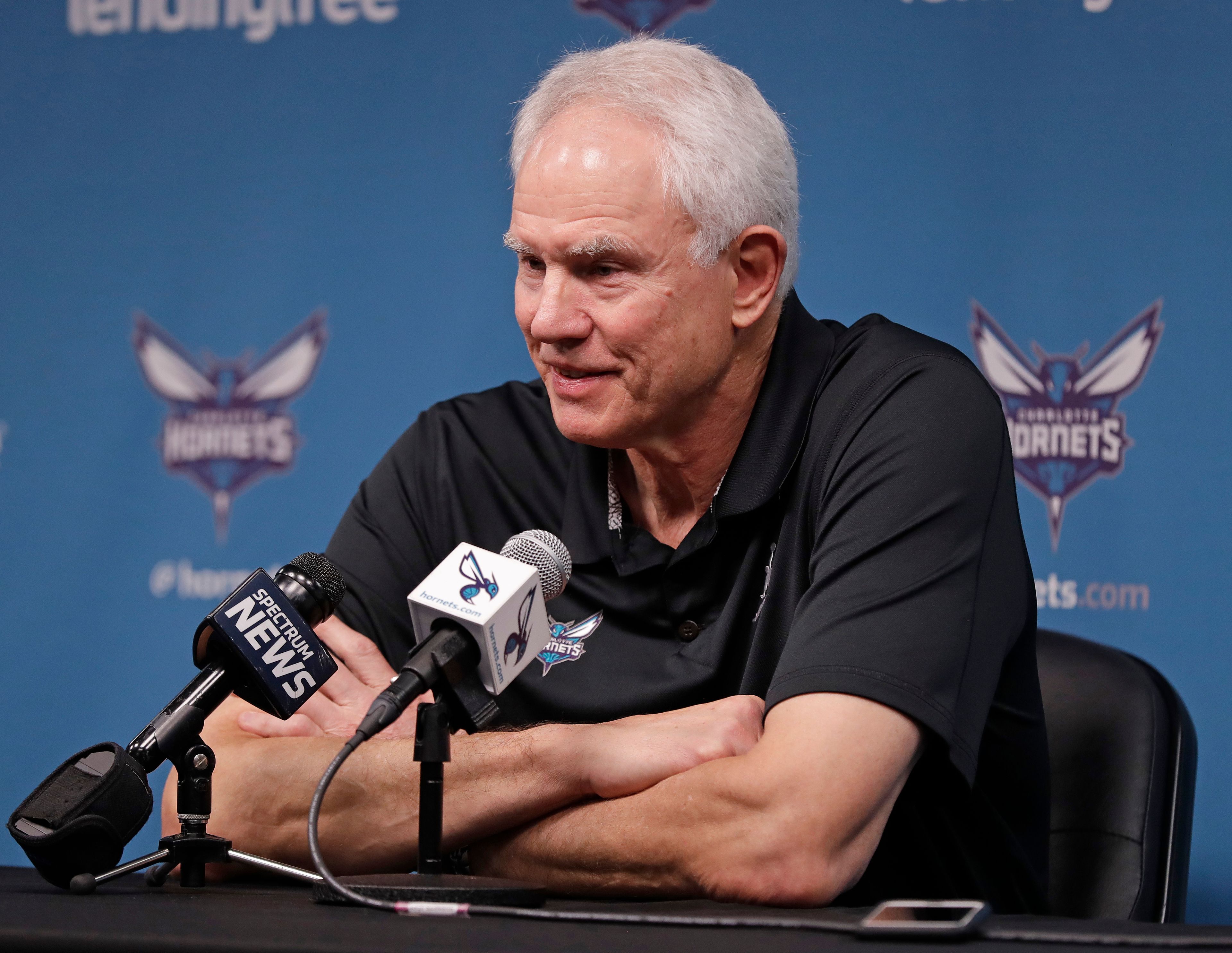 FILE - Charlotte Hornets general manager Mitch Kupchak speaks to the media during a news conference for the NBA basketball team in Charlotte, N.C., April 12, 2019. The Charlotte Hornets have two picks in the first round of the NBA draft on Thursday June 23, 2022 — and no head coach in place to help facilitate those decisions. Hornets owner Michael Jordan is still searching for the organization’s next coach after Golden State Warriors assistant Kenny Atkinson on Saturday abruptly backed out of a four-year agreement to coach the team. General manager Mitch Kupchak is expected to make final decisions with input from Jordan. (AP Photo/Chuck Burton, File)