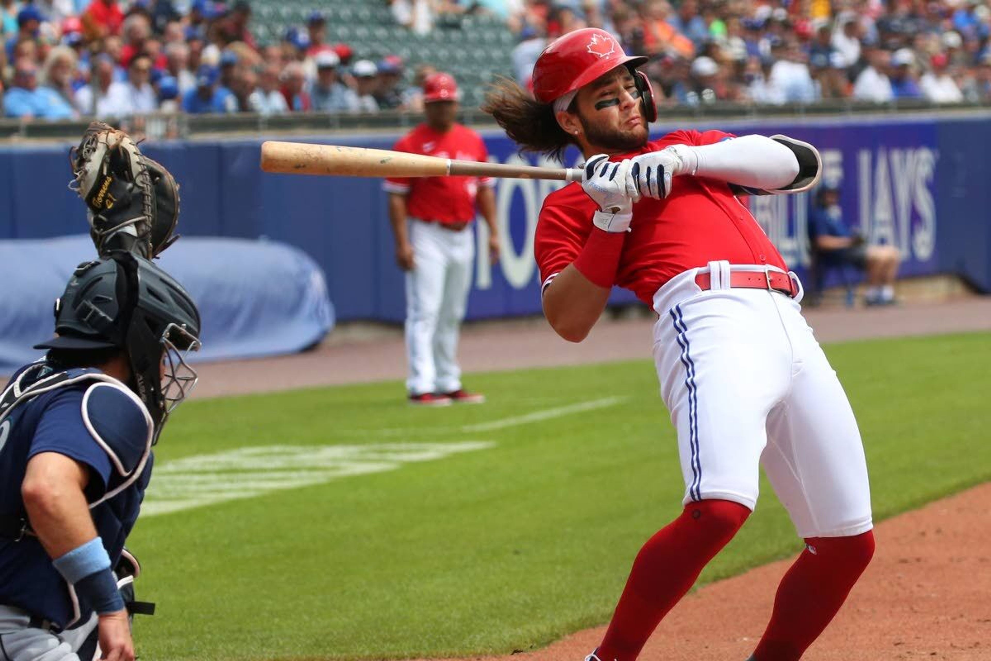 Toronto Blue Jays' Bo Bichette avoids a inside pitch by Seattle Mariners starting pitcher Yusei Kikuchi during the third inning of a baseball game, Thursday, July 1, 2021, in Buffalo, N.Y. (AP Photo/Jeffrey T. Barnes)