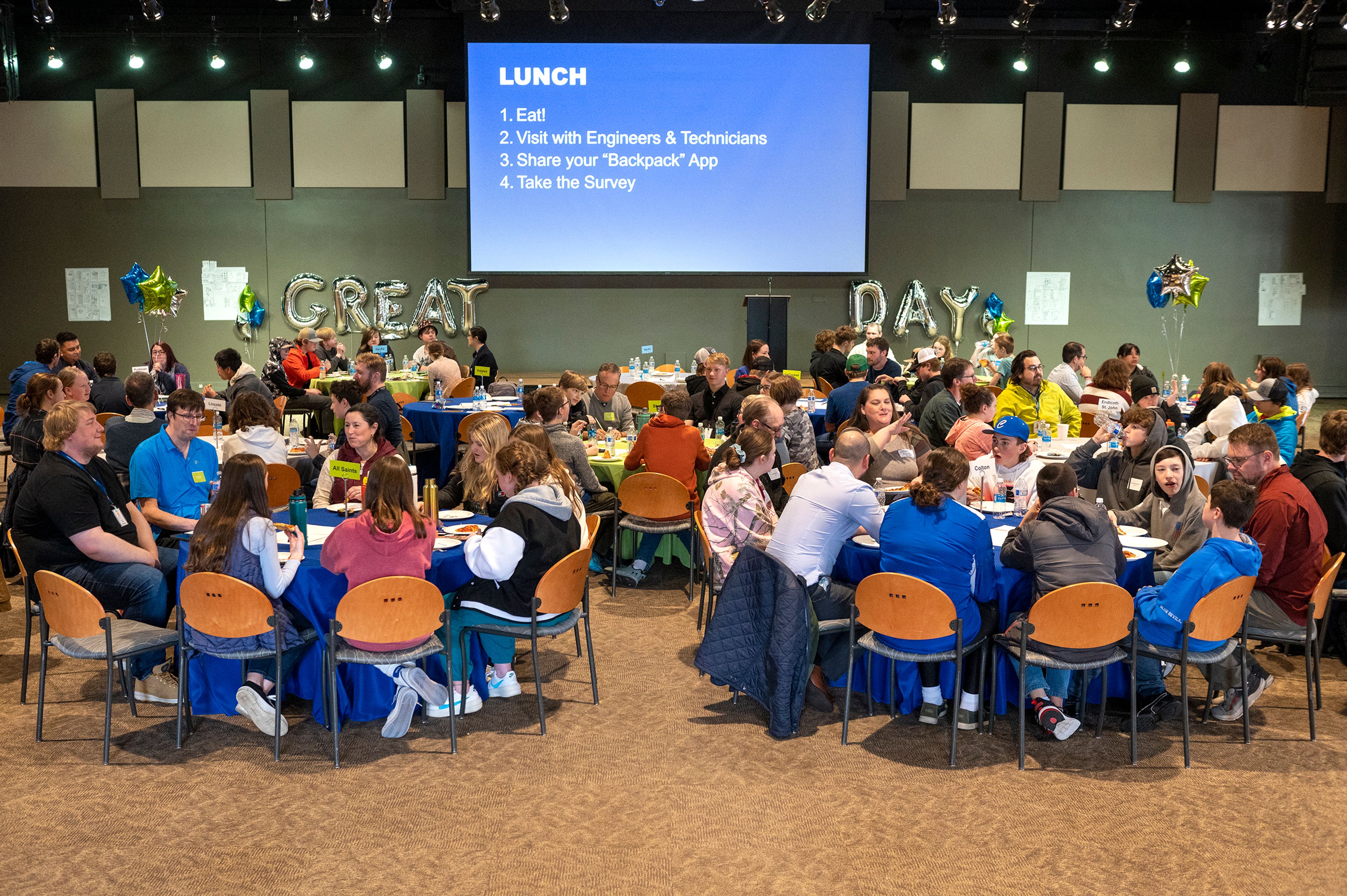 Students from local schools eat lunch Thursday during the annual Getting Ready for Engineering and Technology Day, or GREAT DAY at Schweitzer Engineering Laboratories in Pullman.