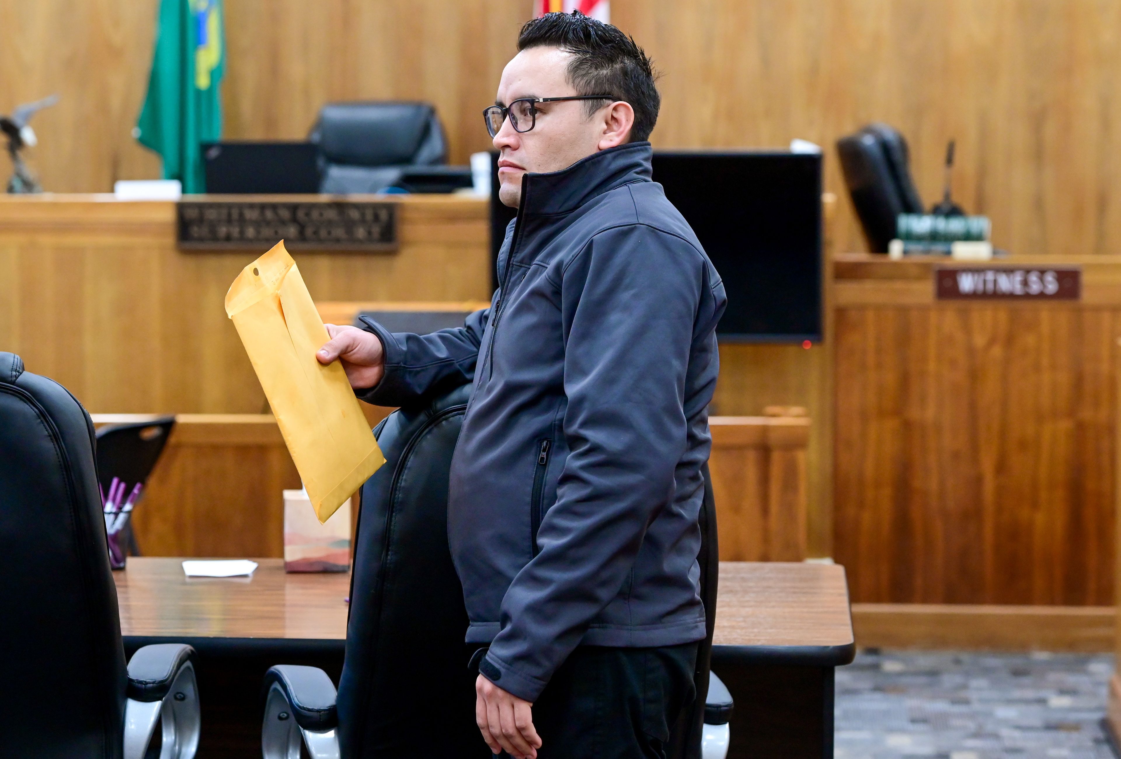 Juan Trejo Perez looks out at the gallery after receiving a guilty verdict for a felony third-degree child molestation in Colfax on Wednesday. Trejo Perez was found guilty by a jury, and will be sentenced at a later date.