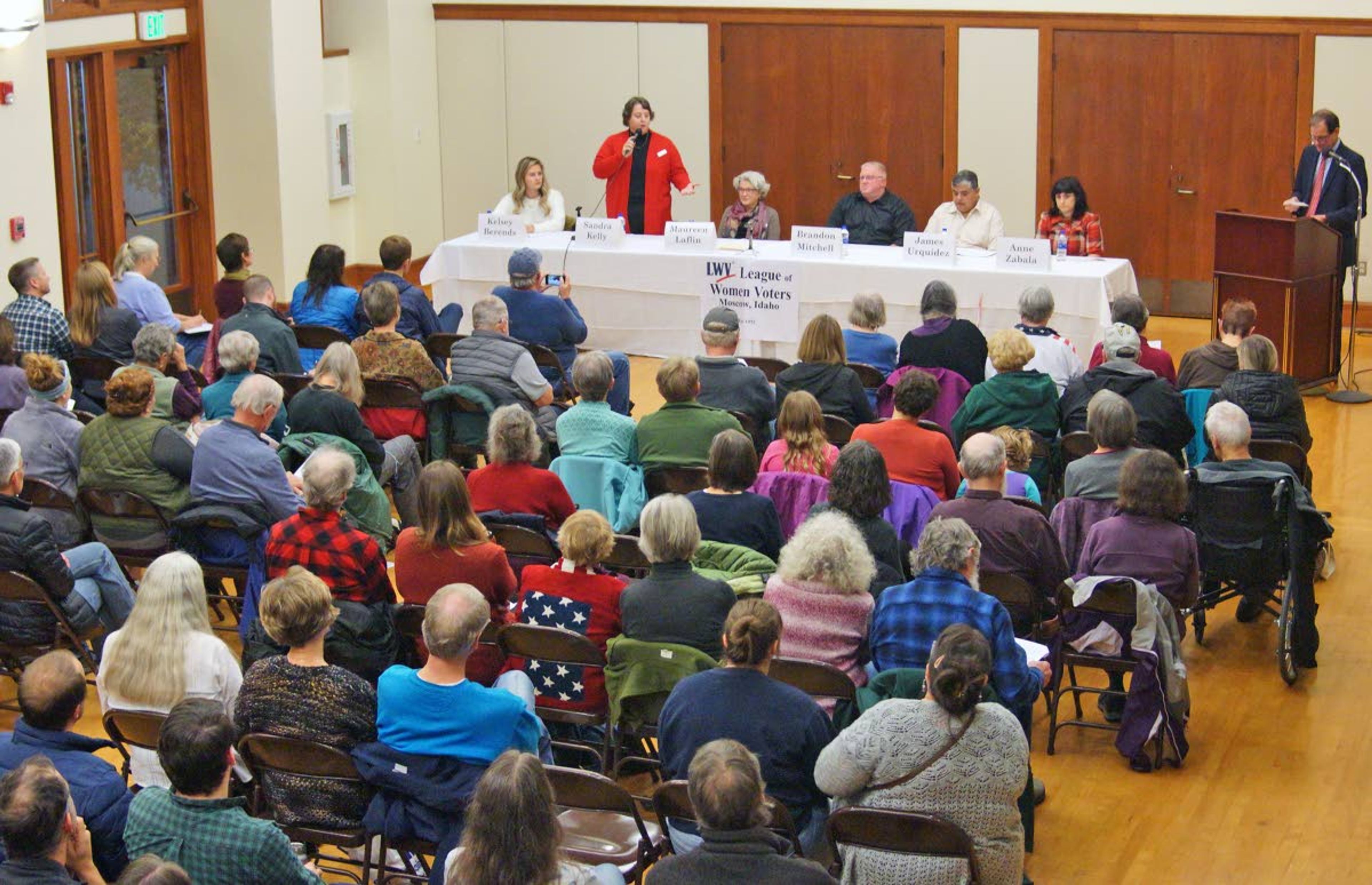 Moscow City Council candidate Sandra Kelly, left, answers a question during a candidates forum put on by the League of Women Voters on Wednesday evening in the 1912 Center.