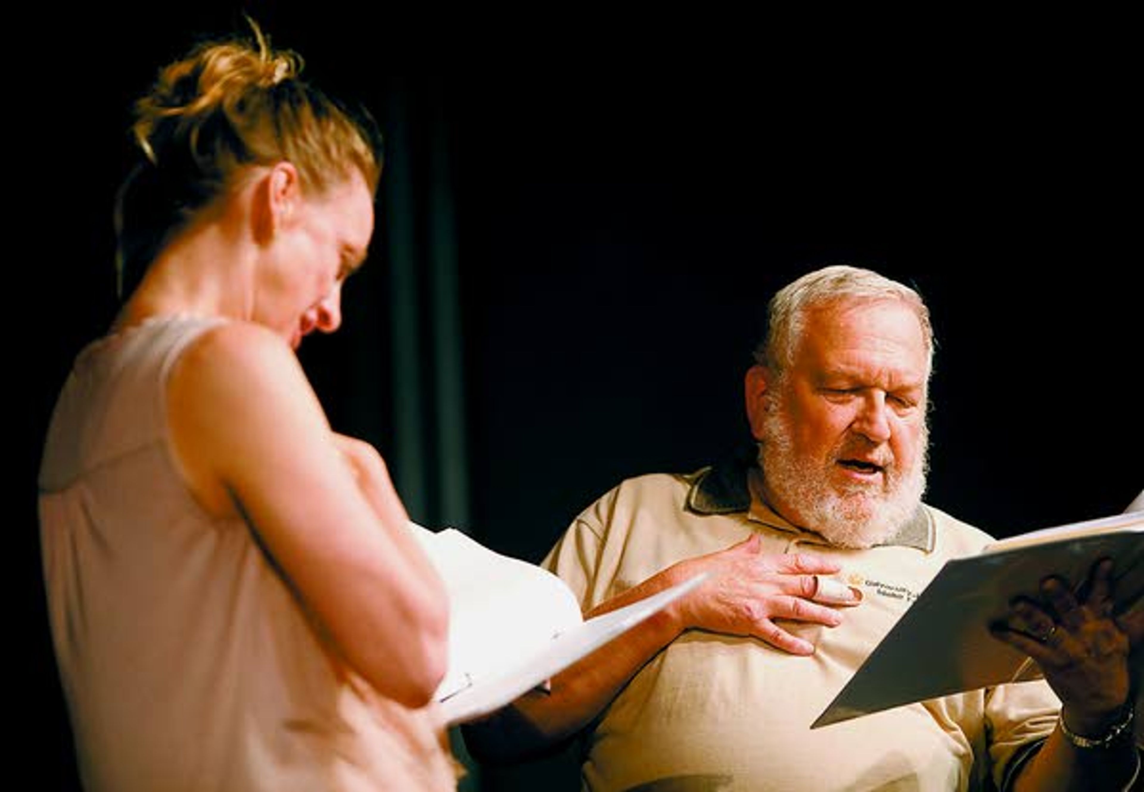 Kelly Quinnett, left, and Roger Wallins rehearse a short play by Paradise Creek Regional High School student George Hiatt at the Kenworthy Performing Arts Centre in Moscow on Friday.