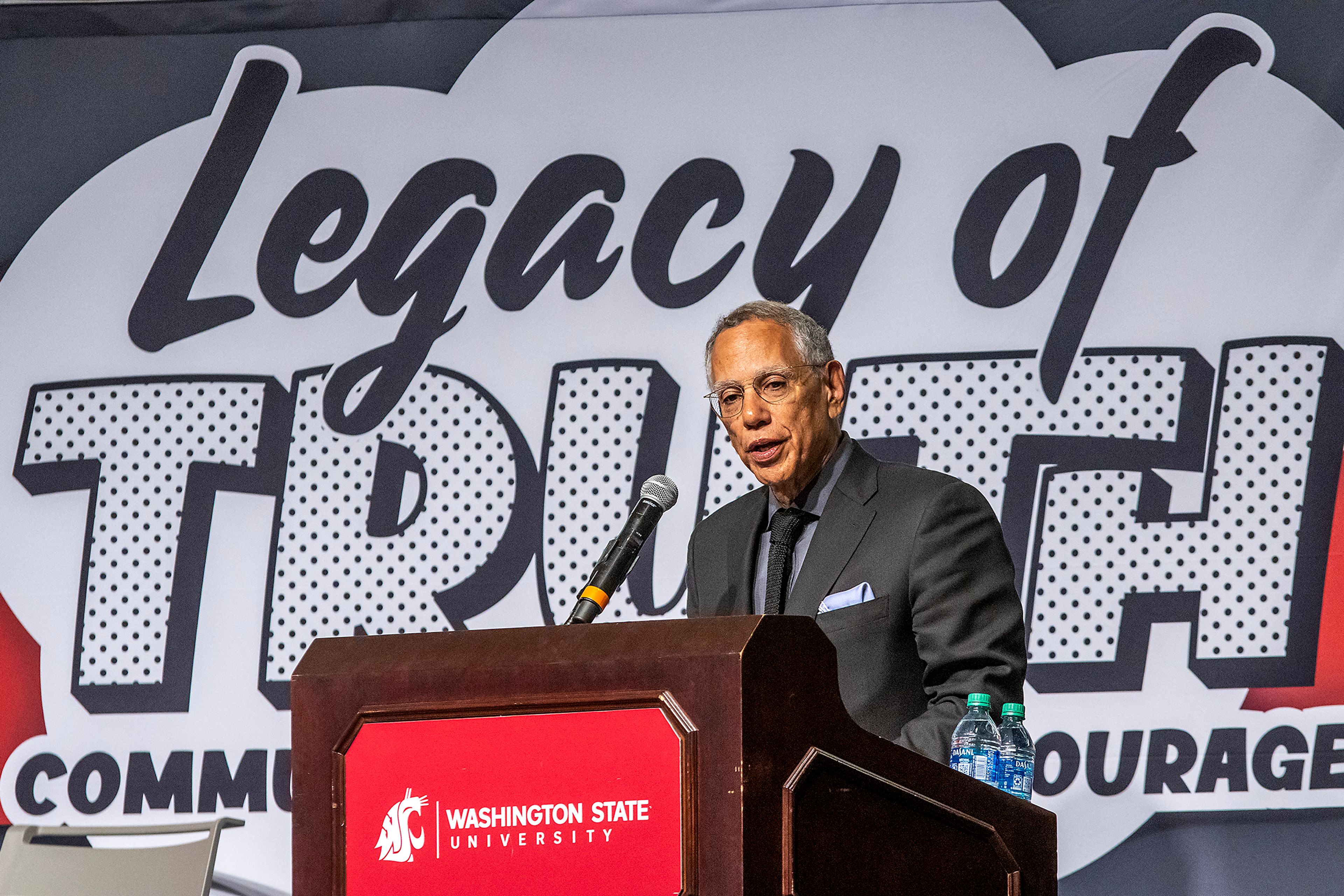 Dean Baquet delivers the keynote address as he accepts the Lifetime Achievement Award at the Murrow Symposium Tuesday in Pullman.