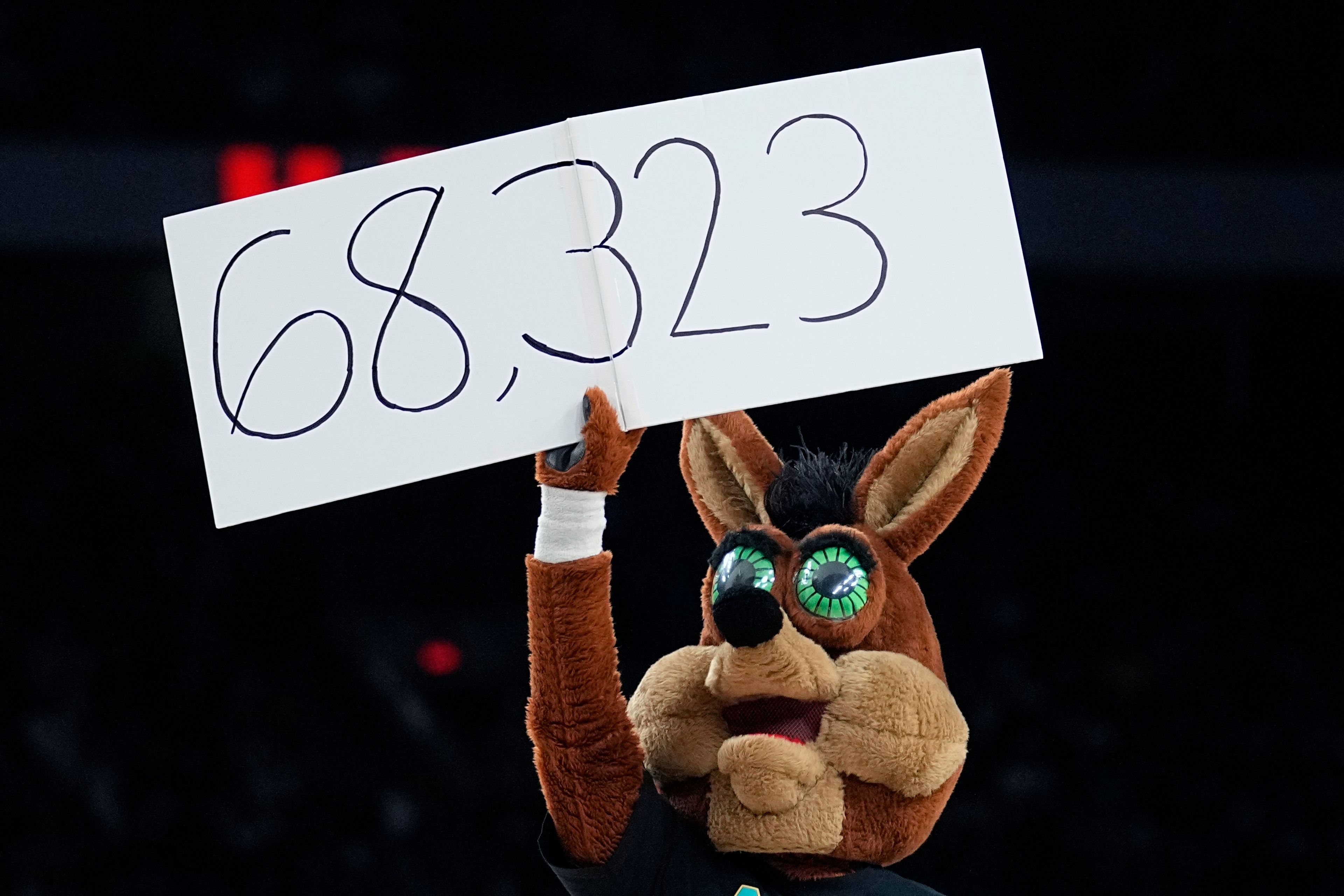 The Coyote, the San Antonio Spurs' mascot, helps announce the attendance at an NBA basketball game between the Spurs and the Golden State Warriors in San Antonio, Friday, Jan. 13, 2023. The announced attendance of 68,323 sets a new NBA regular-season game attendance record. (AP Photo/Eric Gay)