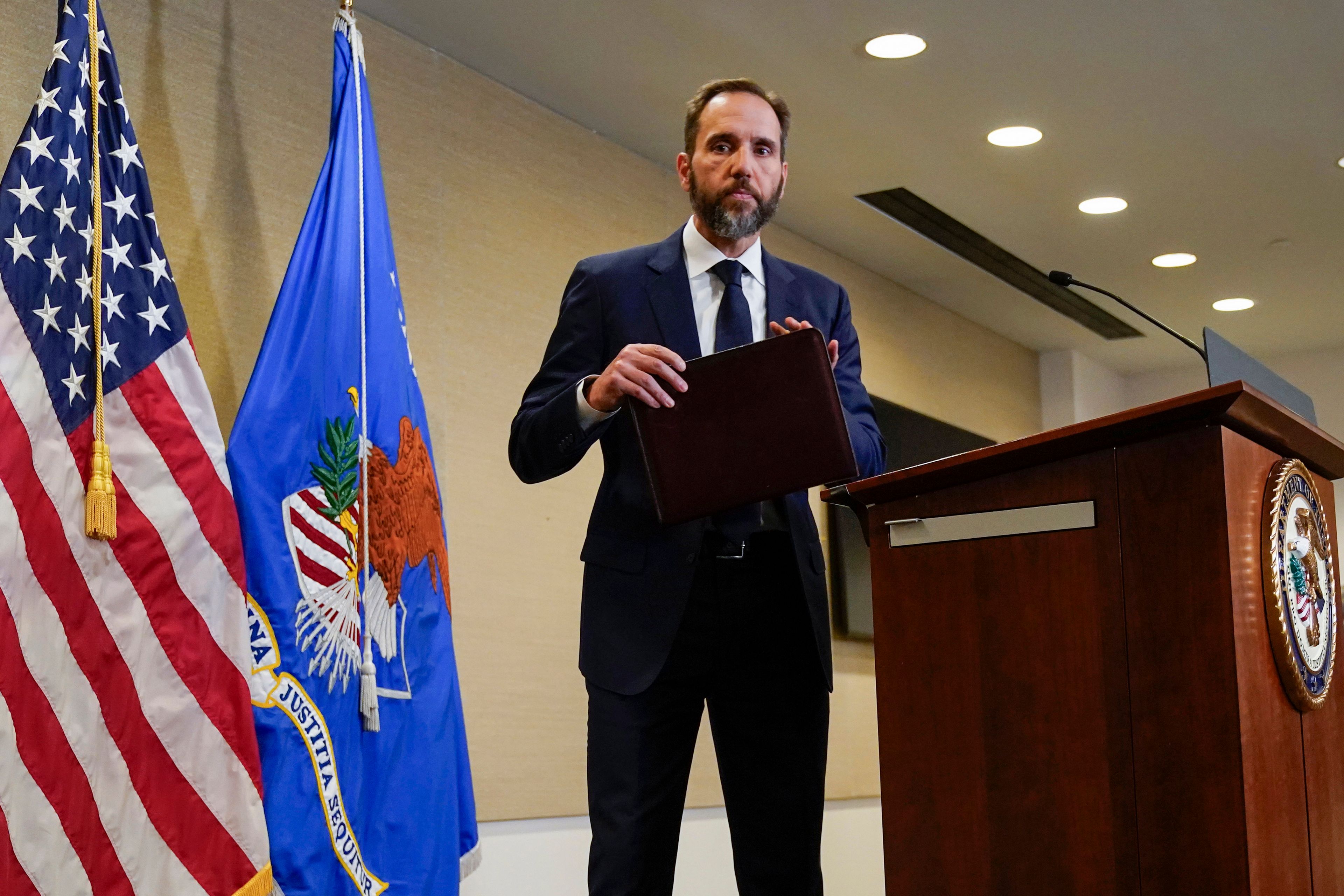 Special counsel Jack Smith turns from the podium after speaking about an indictment of former President Donald Trump, Tuesday, Aug. 1, 2023, at a Department of Justice office in Washington. (AP Photo/Jacquelyn Martin)