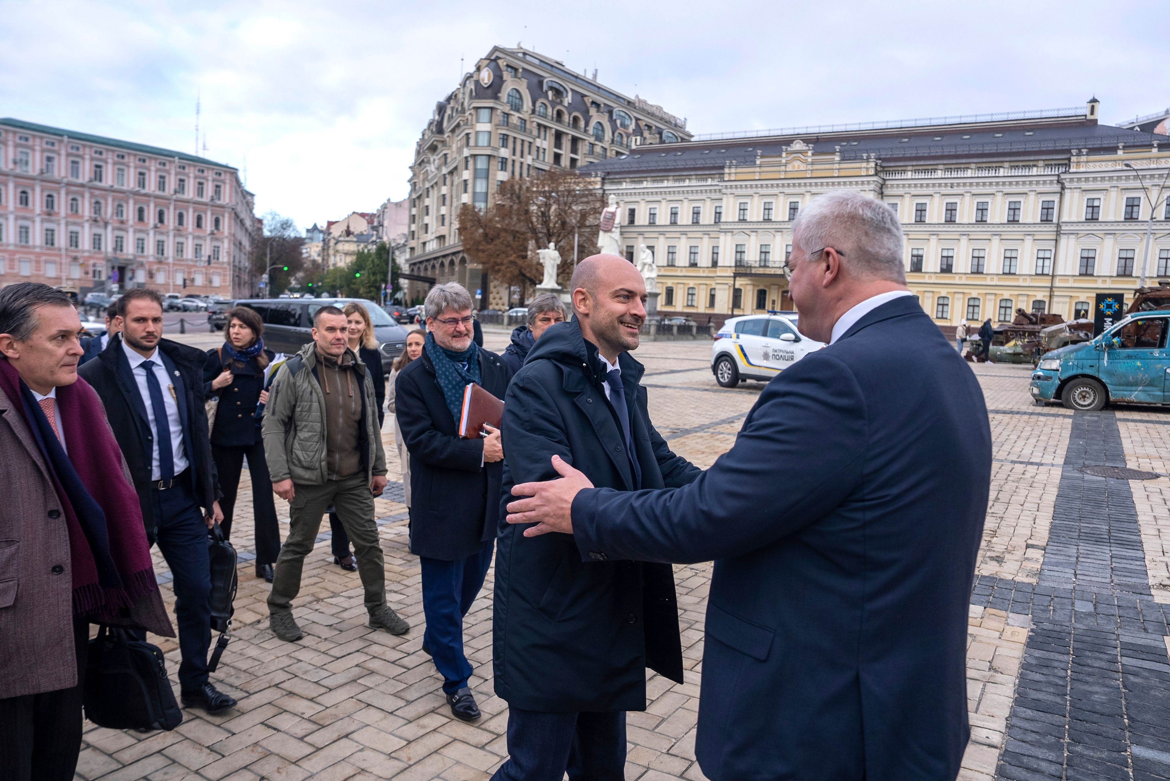 French Foreign Minister Jean-Noel Barrot shake hand with Ukrainian Minister of Foreign Affairs Andrii Sybiha in central Kyiv, Ukraine, Saturday, Oct. 19, 2024. (AP Photo/Alex Babenko)