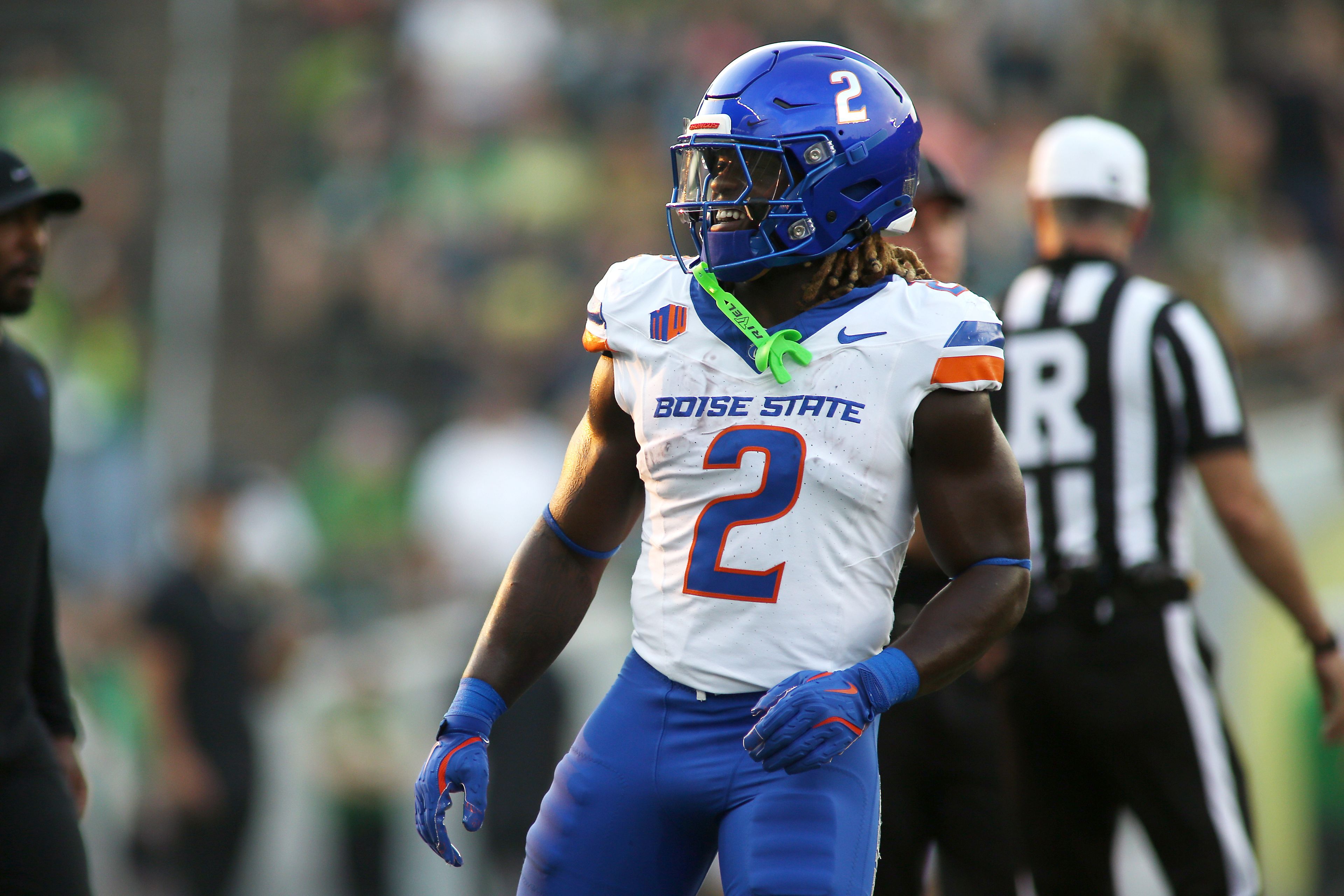 Boise State running back Ashton Jeanty warms up before an NCAA college football game against Oregon, Saturday, Sept. 7, 2024, at Autzen Stadium in Eugene, Ore. (AP Photo/Lydia Ely)