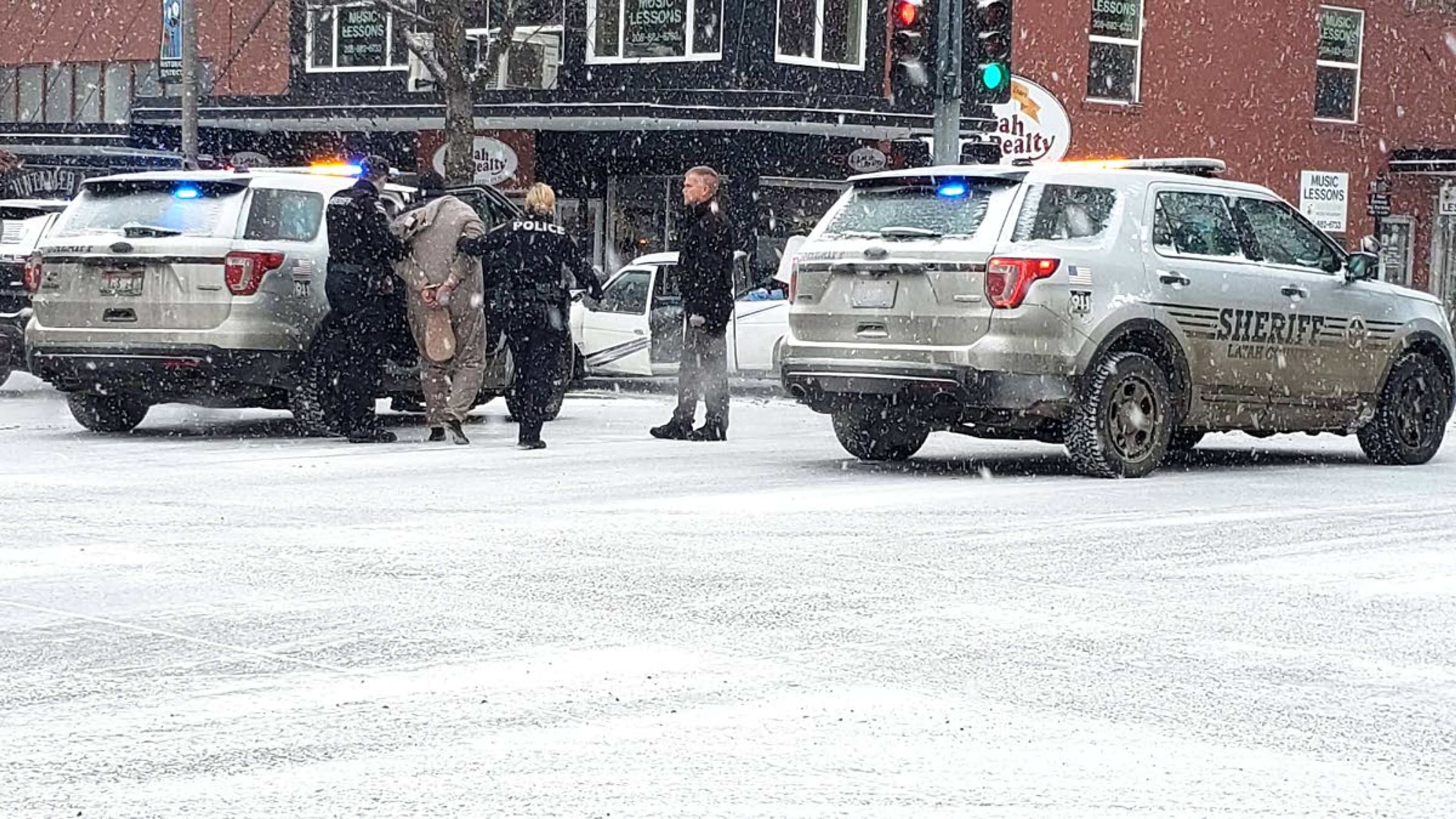 Law enforcement officers arrested the driver of a pickup truck following a short chase and two collisions with other vehicles Friday morning in downtown Moscow. The 36-year-old Nampa man was arrested for suspicion of felony eluding.