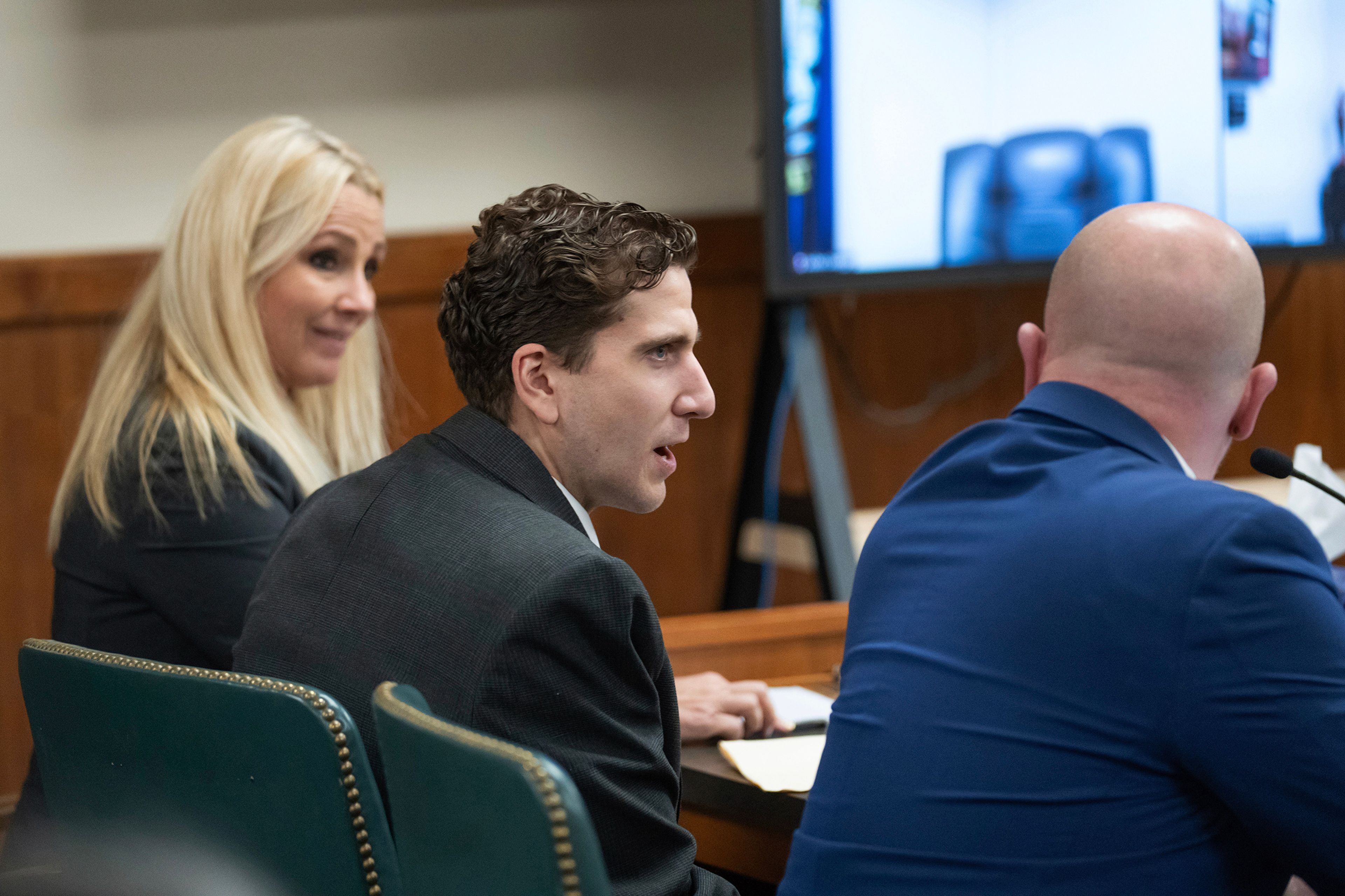 Bryan Kohberger, center, who is accused of killing four University of Idaho students in November 2022, sits with two of his attorneys, Anne Taylor, left, and Jay Logsdon, right, as he appears at hearing in Latah County District Court, Wednesday, Sept. 13, 2023, in Moscow, Idaho. Kohberger's attorneys want cameras banned from the courtroom, contending that news coverage of the criminal proceedings has violated a judge's orders and threatens his right to a fair trial. (AP Photo/Ted S. Warren, Pool)