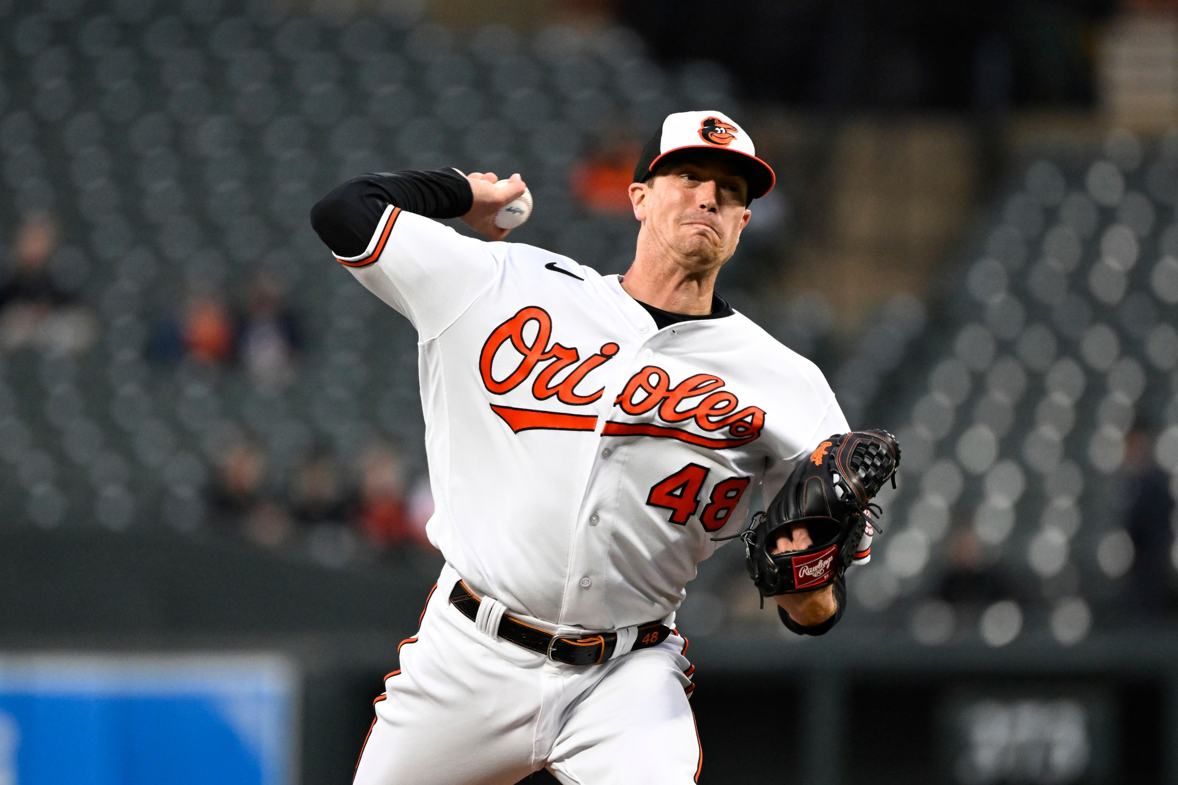 Baltimore Orioles starting pitcher Kyle Gibson throws to a Detroit Tigers batter during the first inning of a baseball game Saturday, April 22, 2023, in Baltimore. (AP Photo/Terrance Williams)