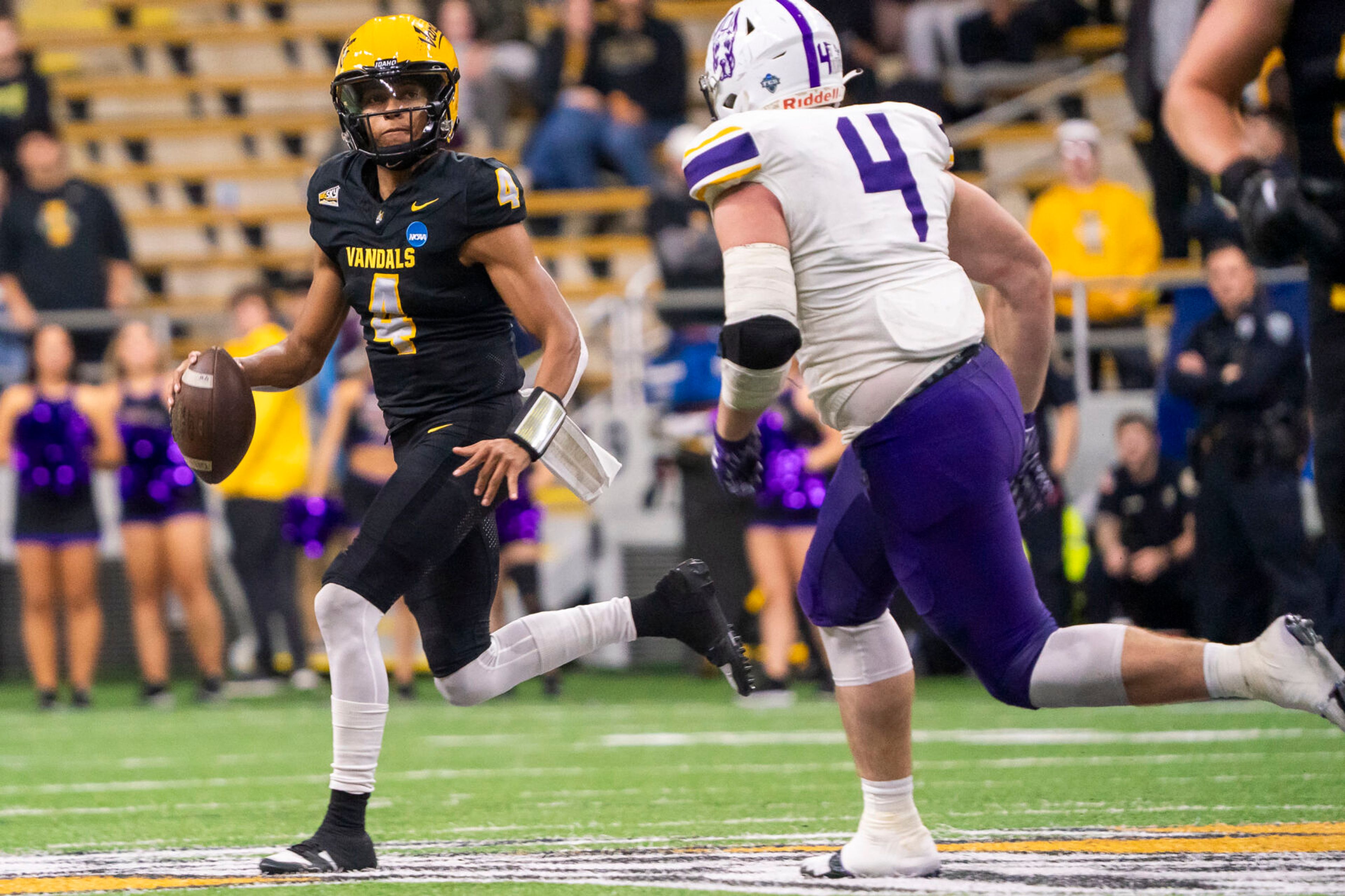 Idaho Vandals quarterback Gevani McCoy (4) looks to pass the ball during their game against Albany in the third round of the 2023 Division I FCS Football Championship on Saturday inside the Kibbie Dome in Moscow.