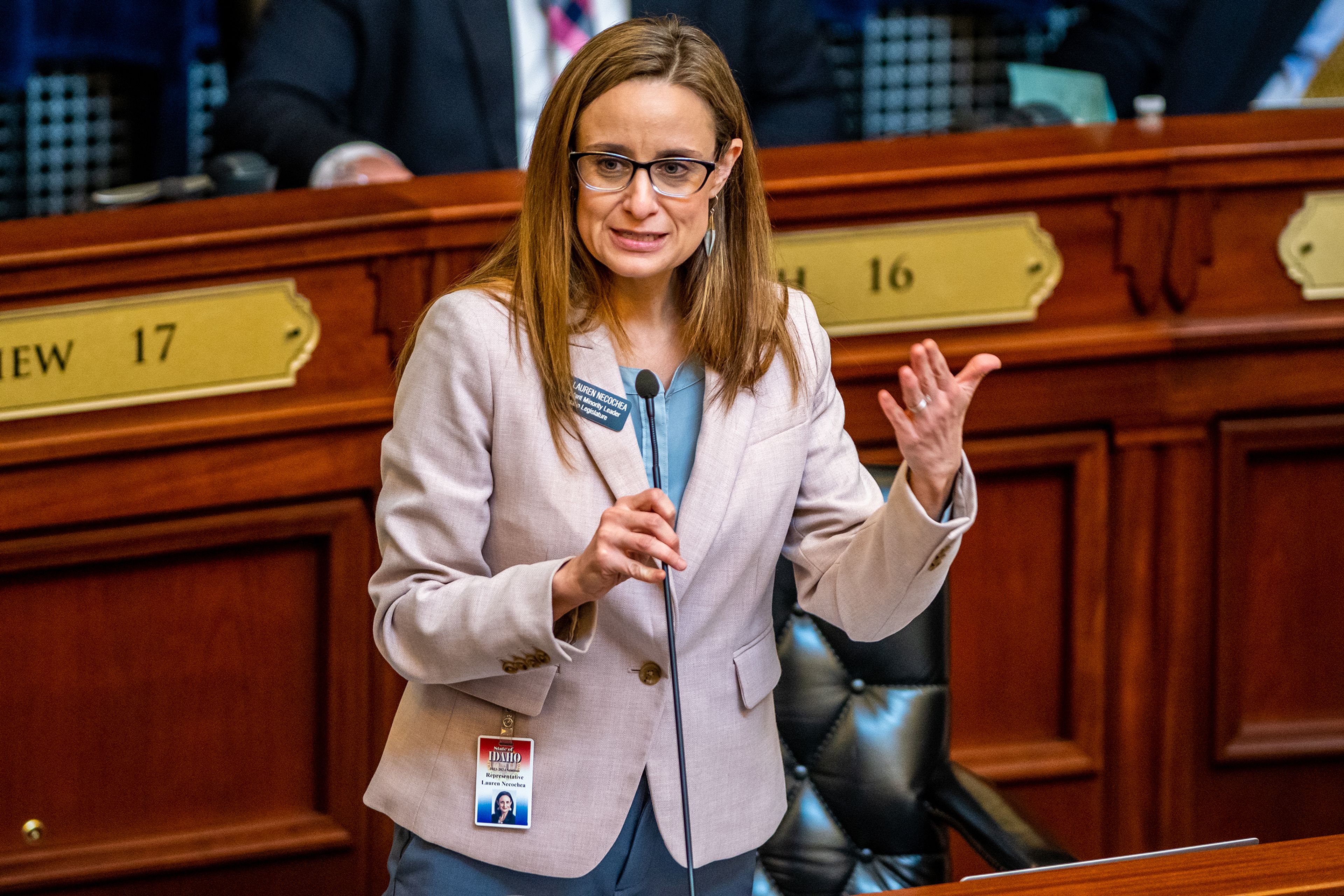 Representative Lauren Necochea addresses the Idaho House of Representatives on Tuesday during a legislative session regarding a ban on transgender care for minors at the Capitol Building in Boise.