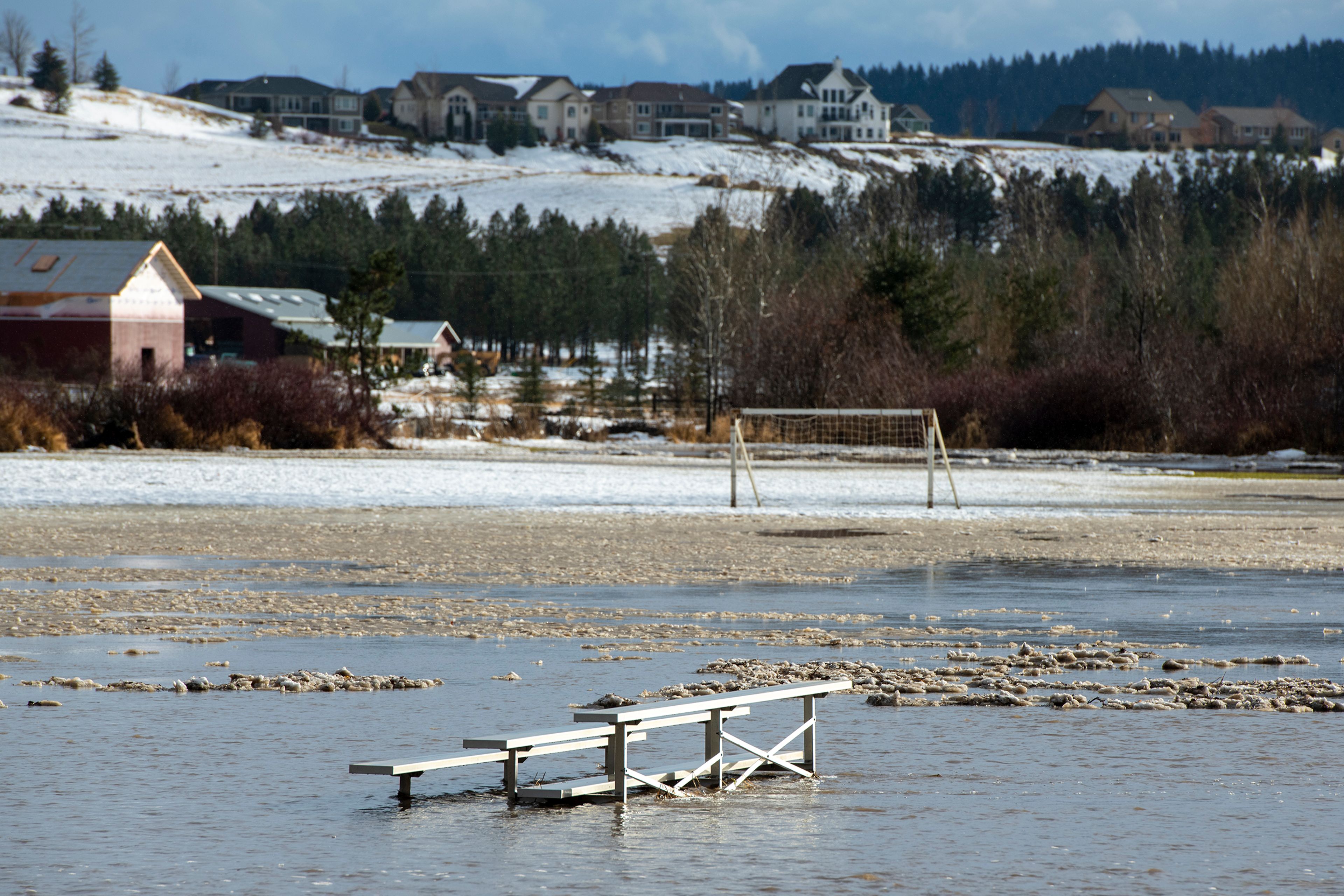 Mountain View Park is submerged by overflowing water from Paradise Creek in Moscow on Tuesday.