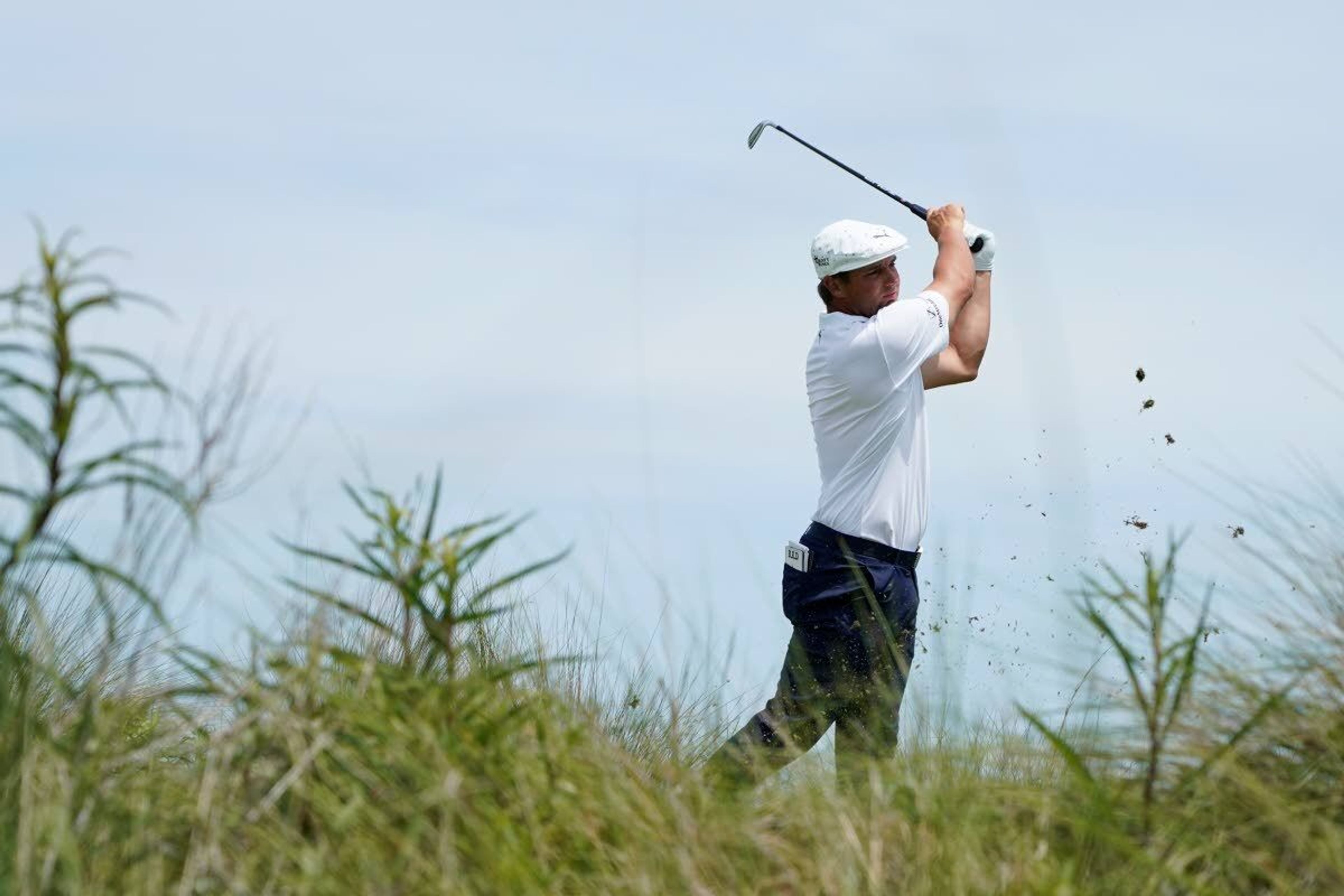 Bryson DeChambeau works on the fifth hole during the third round at the PGA Championship golf tournament on the Ocean Course, Saturday, May 22, 2021, in Kiawah Island, S.C. (AP Photo/Matt York)