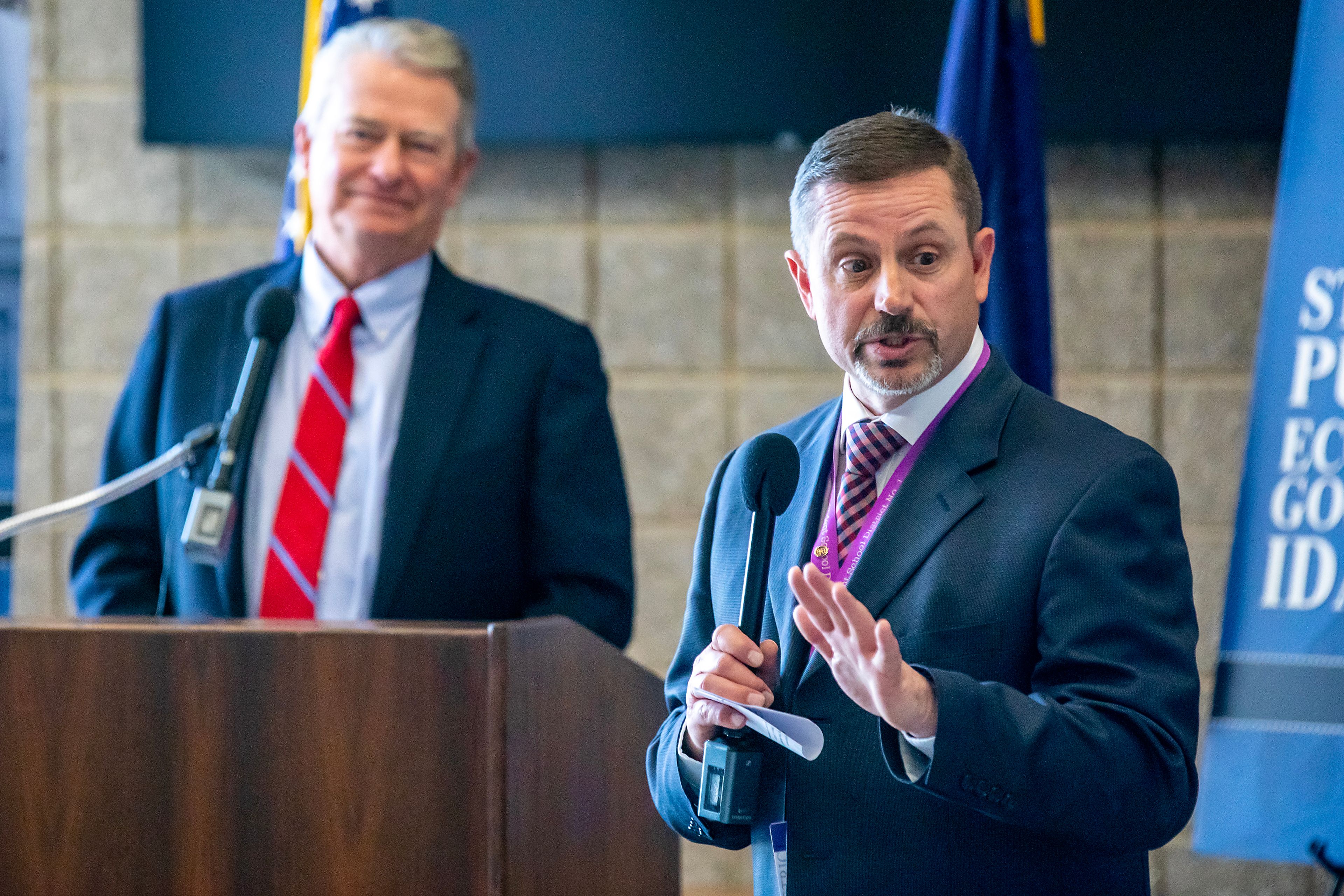 Superintendent Lance Hansen speaks during a visit from Governor Brad Little speaks Wednesday at the DeAtley Center at Lewiston High School.