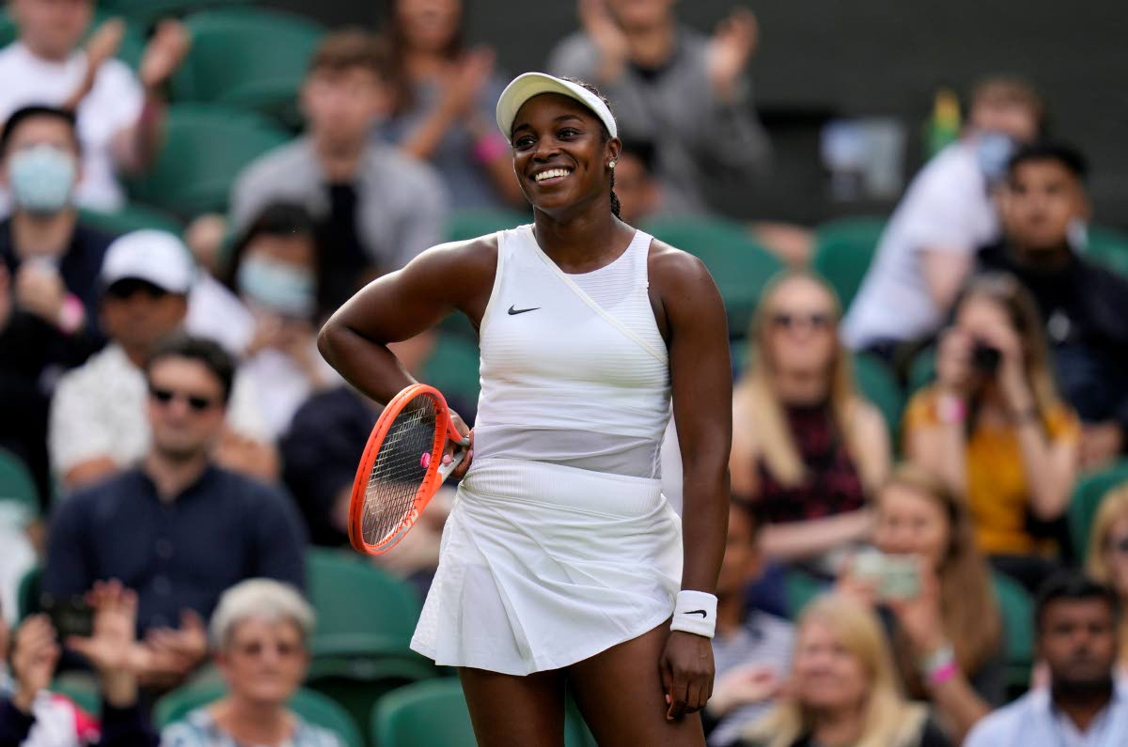 Sloane Stephens of the US celebrates winning the women's singles match against Czech Republic's Petra Kvitova on day one of the Wimbledon Tennis Championships in London, Monday June 28, 2021. (AP Photo/Kirsty Wigglesworth)