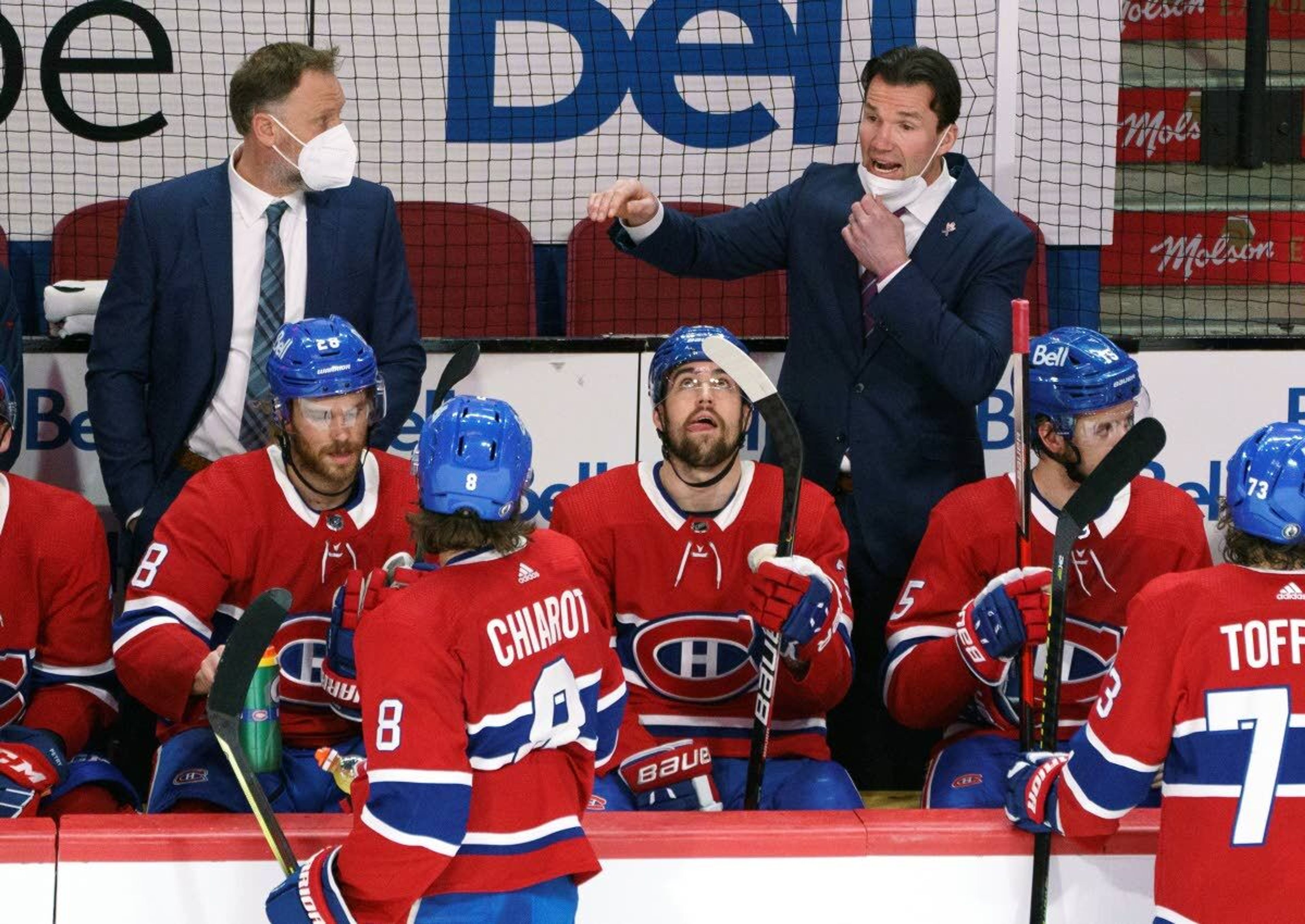 Montreal Canadiens replacement coach Luke Richardson gives instructions during a break in play against the Vegas Golden Knights during the second period of Game 4 in an NHL Stanley Cup playoff hockey semifinal in Montreal, Sunday, June 20, 2021.