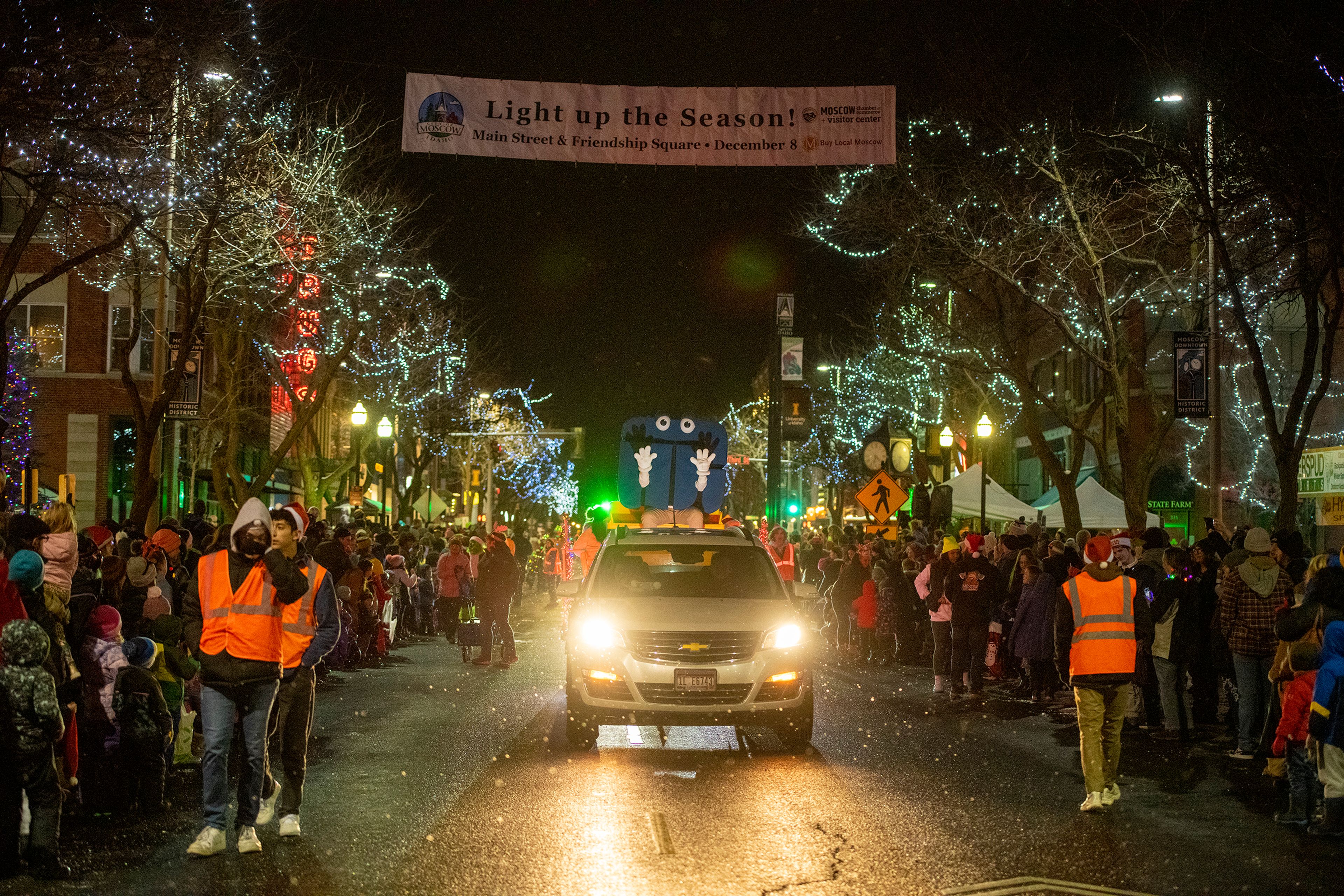 Floats move down Main Street in Moscow during the Light up the Season Parade on Thursday.