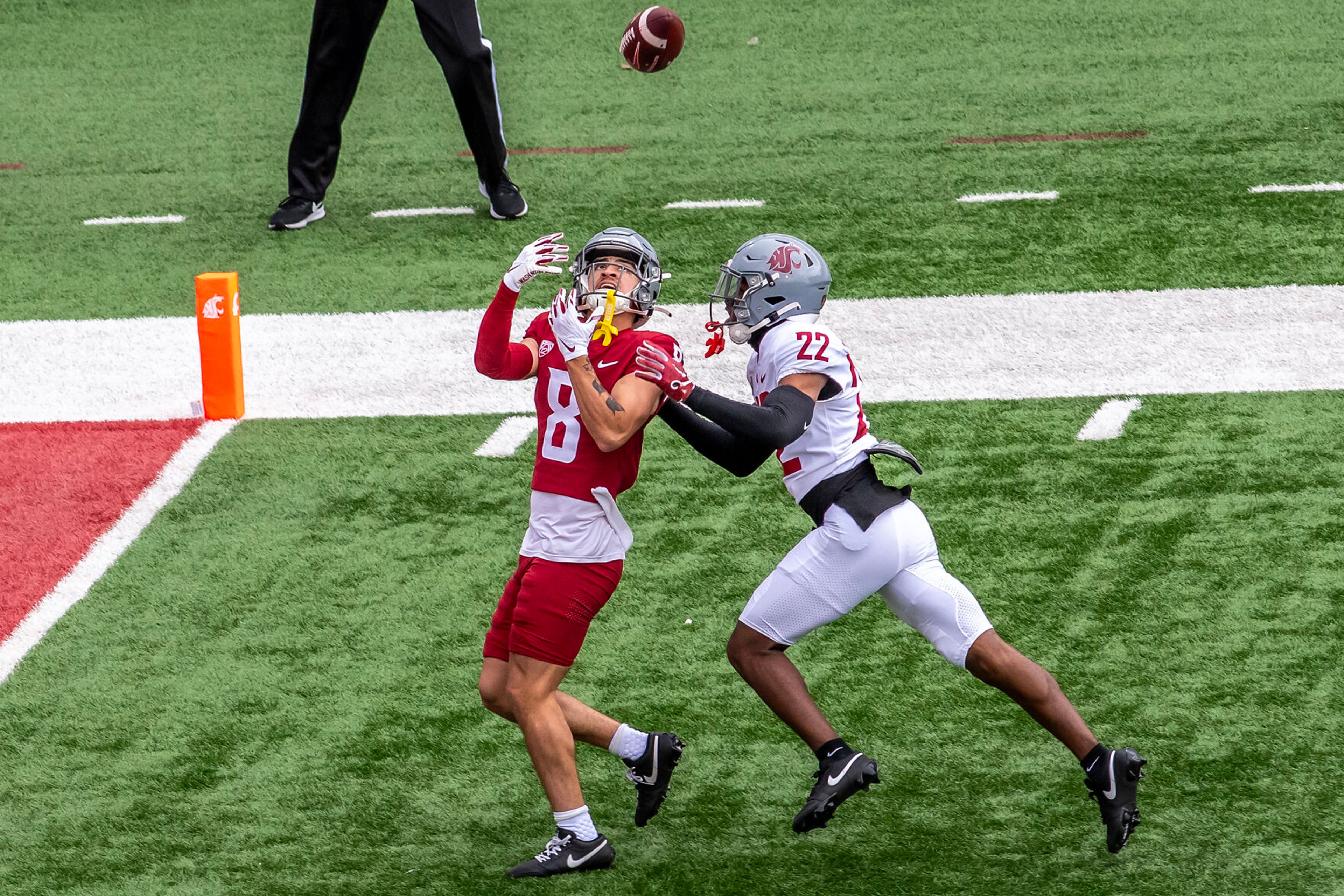 Crimson wide receiver Carlos Hernandez prepares to make a catch and run it in for a touchdown under pressure from Gray defensive back Warren Smith Jr. in a quarter of the Crimson and Gray Game at Washington State University in Pullman.