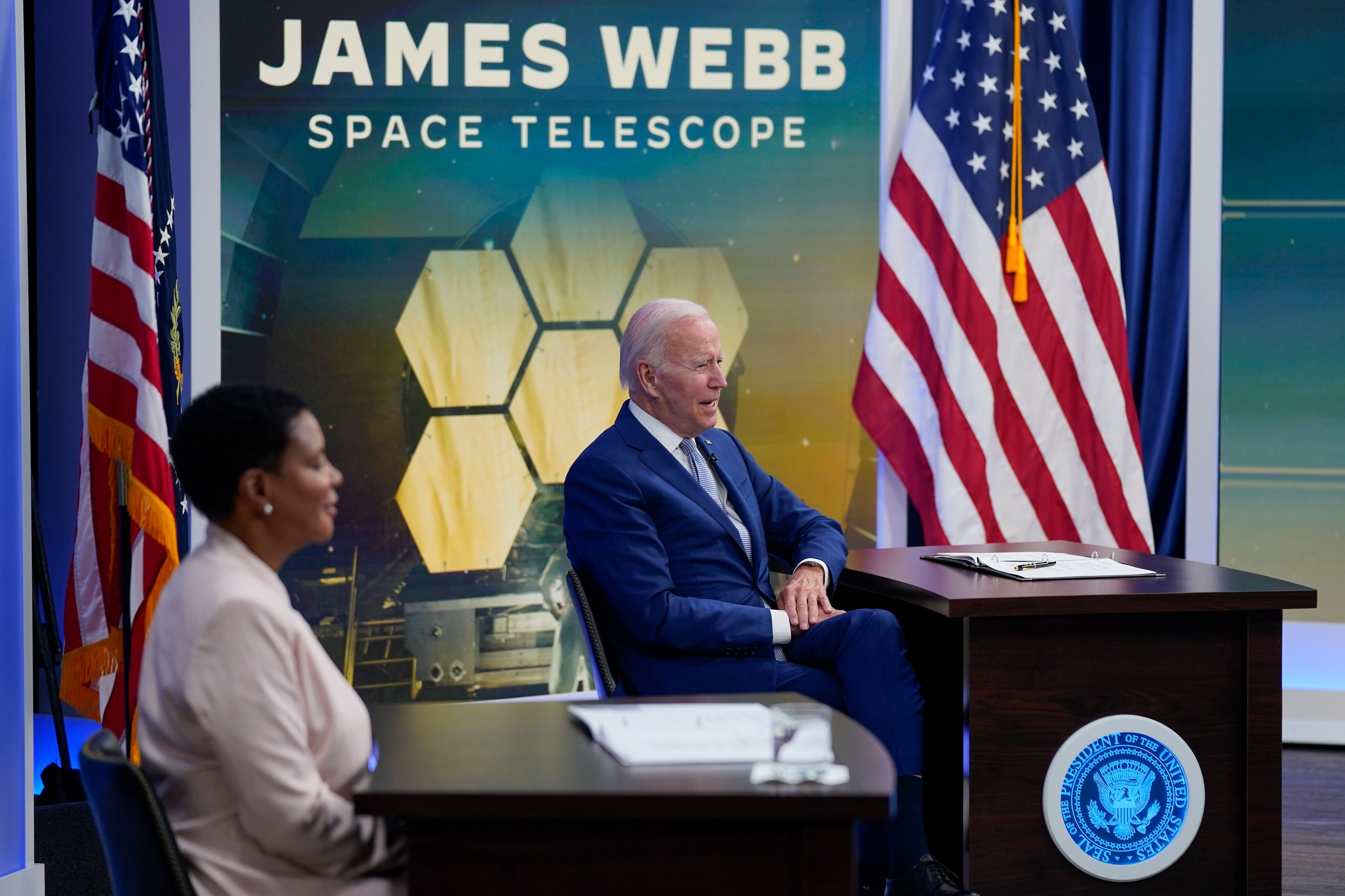 President Joe Biden speaks during a briefing from NASA officials about the first images from the Webb Space Telescope, the highest-resolution images of the infrared universe ever captured, in the South Court Auditorium on the White House complex, Monday, July 11, 2022, in Washington. (AP Photo/Evan Vucci)