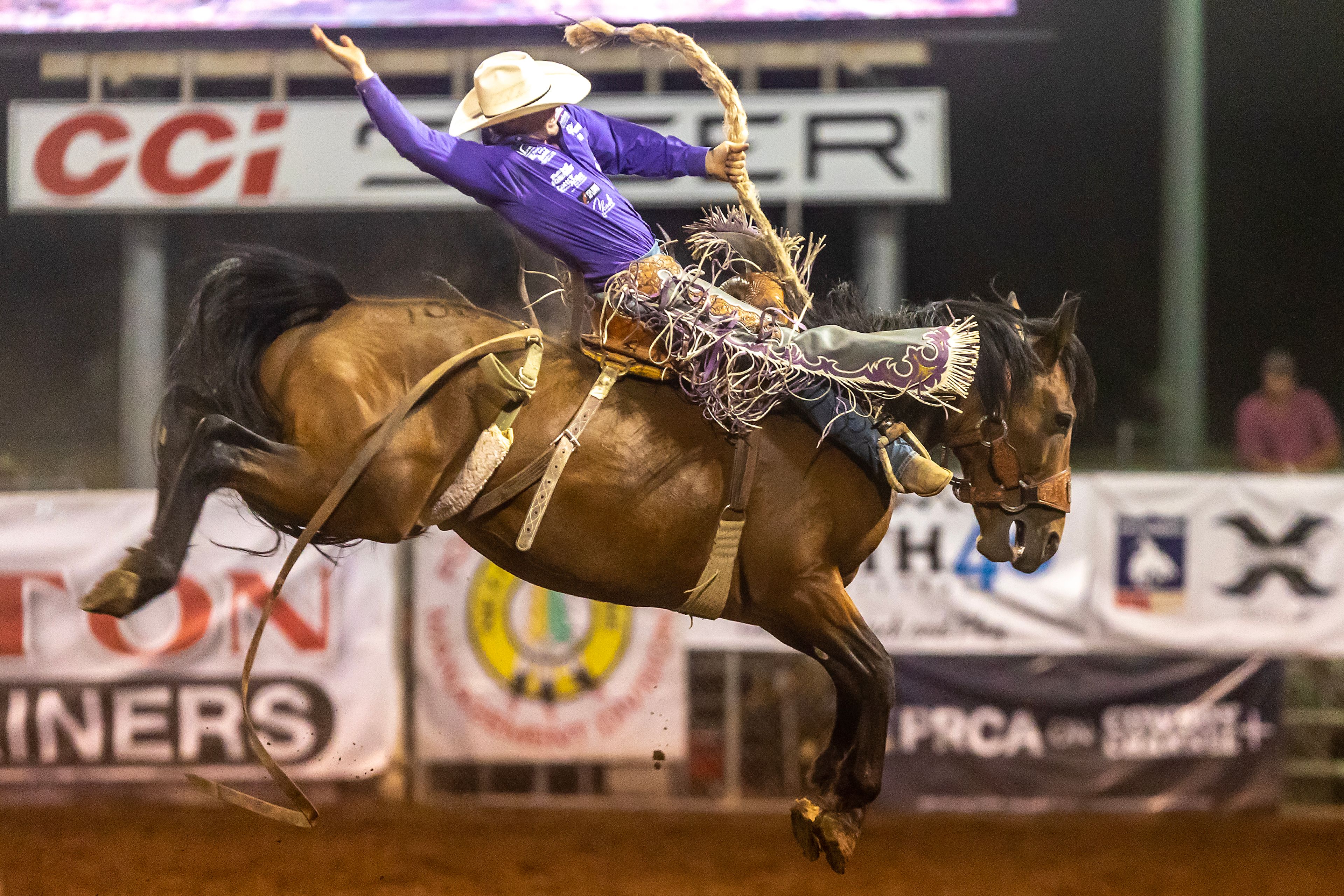 Shorty Garrett rides Black Tie to a winning ride in the saddle bronc competition on night 3 Friday at the Lewiston Roundup.