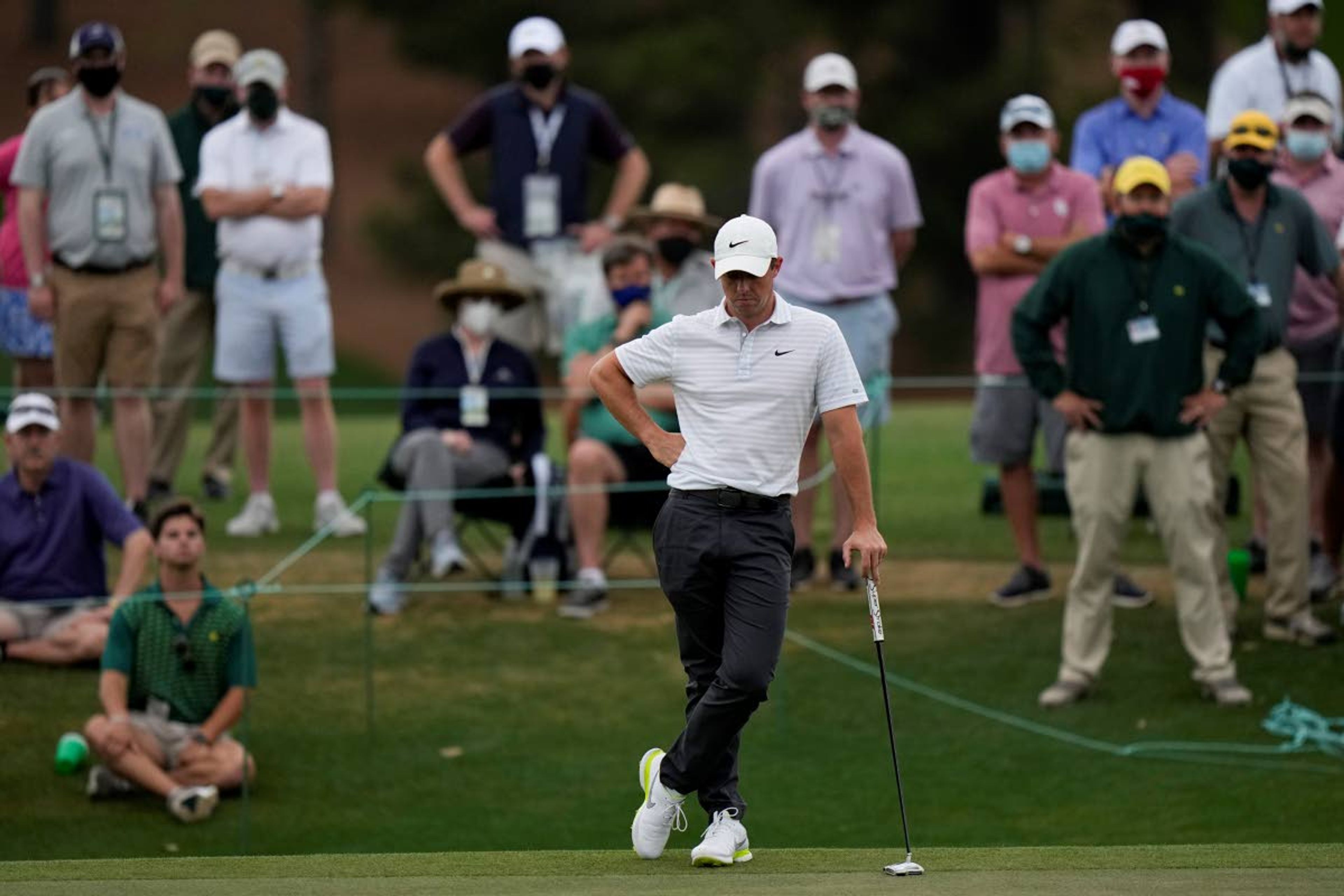 Rory McIlroy, of Northern Ireland waits to putt on the 18th green during the second round of the Masters golf tournament on Friday, April 9, 2021, in Augusta, Ga. (AP Photo/Matt Slocum)