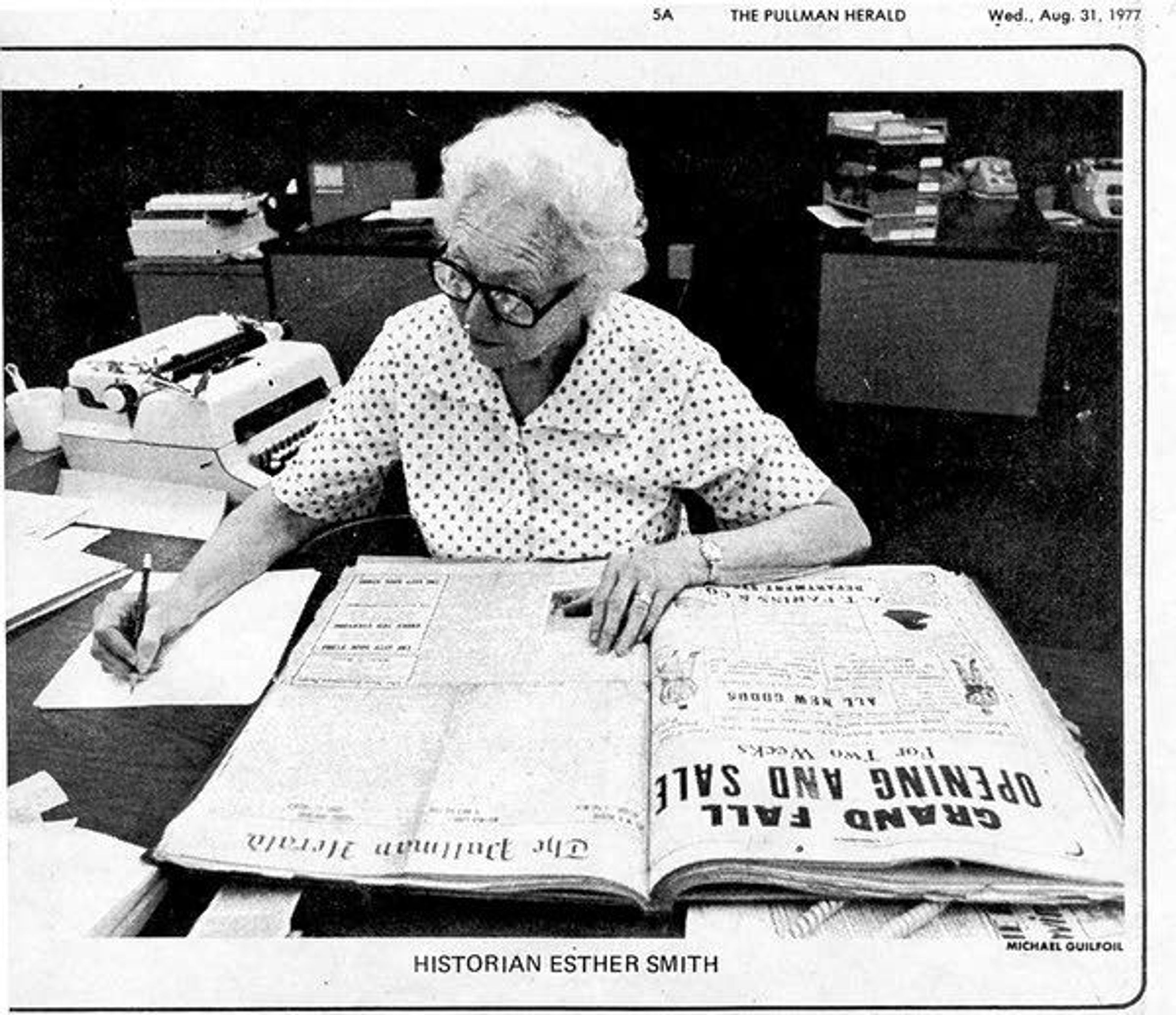 Whitman County Historical Society Esther Pond Smith (1899-1988), industrious Pullman historian, busy at work with research on local history.