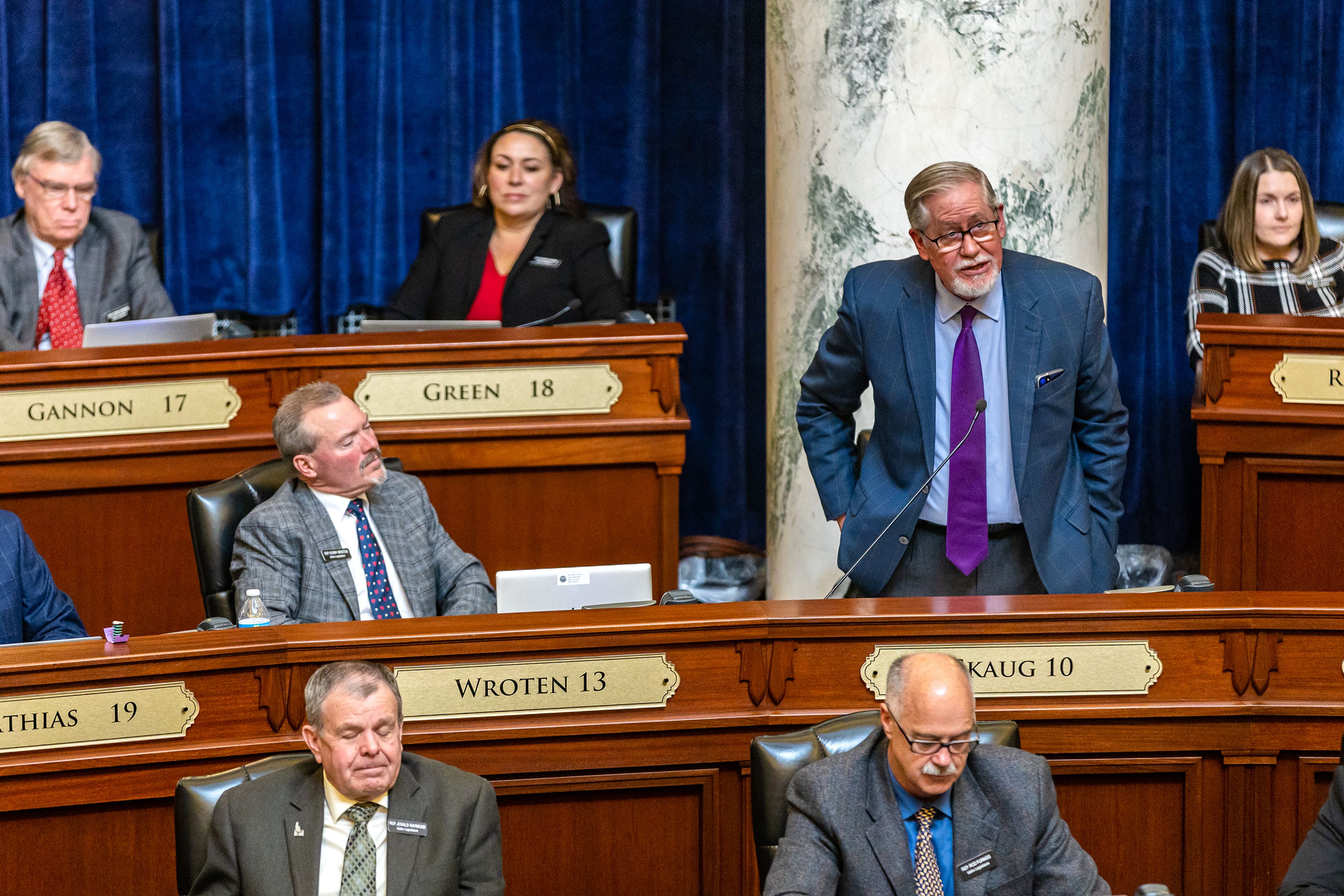 Representative Bruce Skaug addresses the Idaho House of Representatives on Tuesday during a legislative session regarding a ban on transgender care for minors at the Capitol Building in Boise.