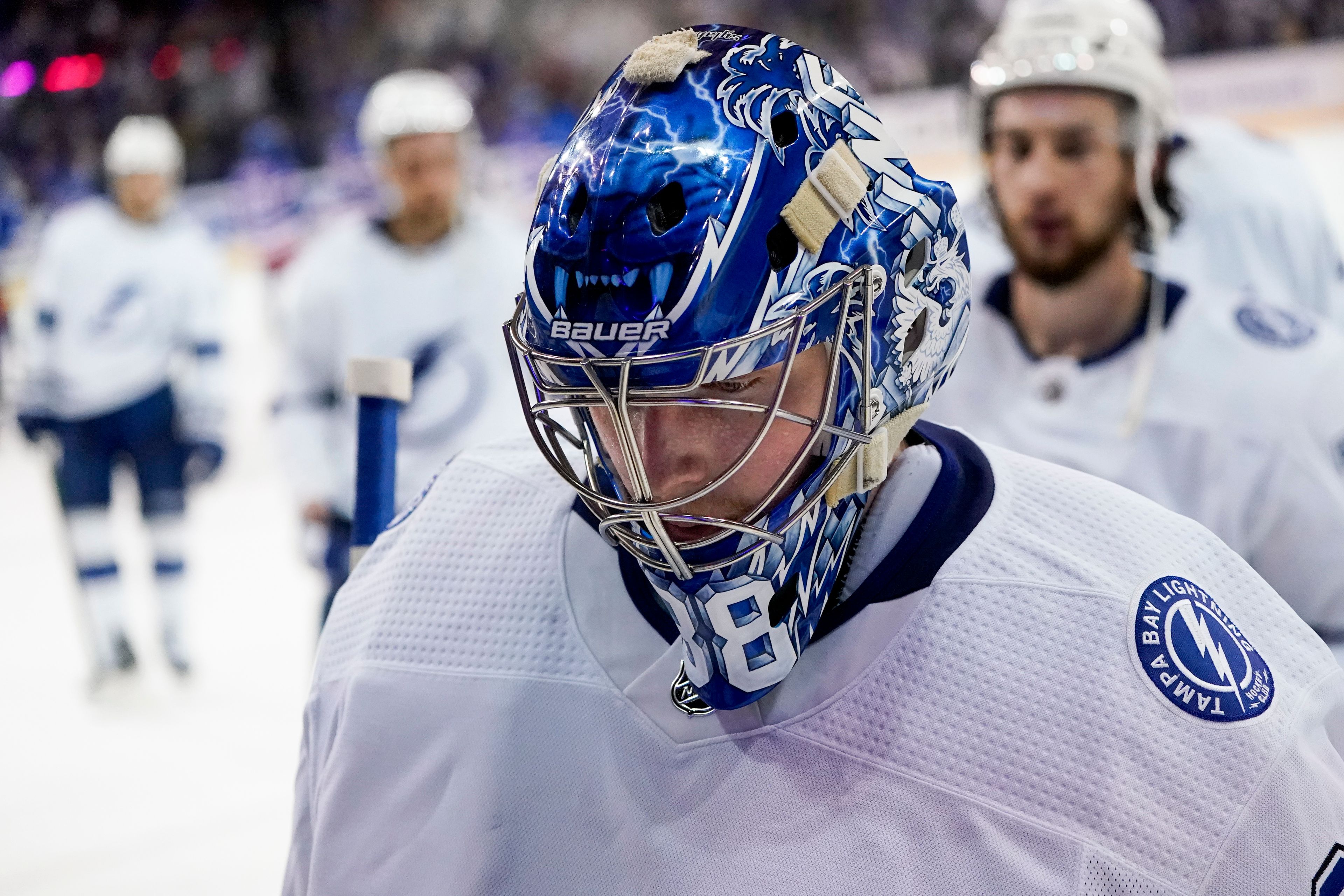 Tampa Bay Lightning goaltender Andrei Vasilevskiy (88) skates back to the locker rooms after Game 2 of the NHL hockey Stanley Cup playoffs Eastern Conference finals against the New York Rangers, Friday, June 3, 2022, in New York. (AP Photo/John Minchillo)