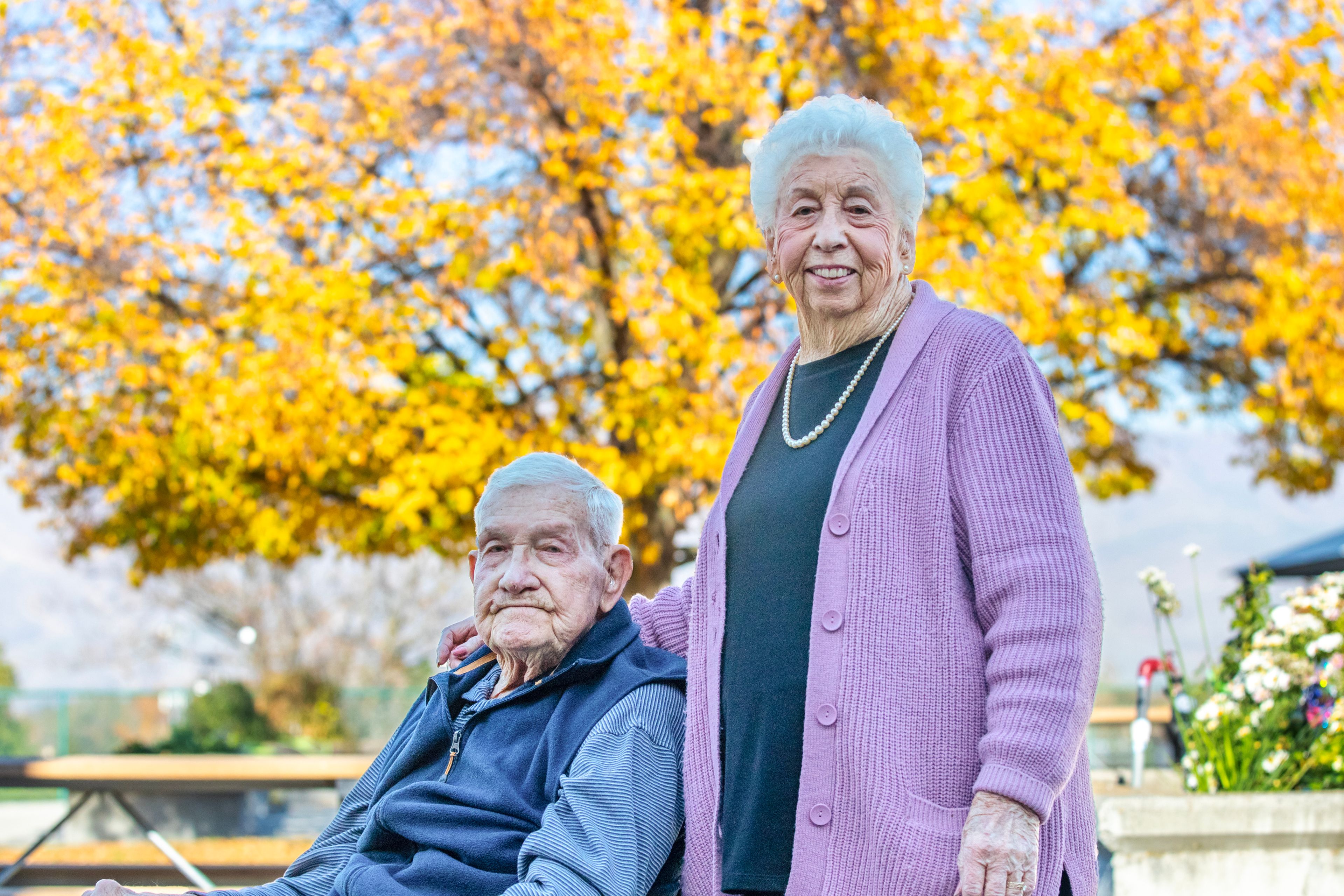 Donald and Carley Lawrence pose for a photo outside the Idaho State Veterans Home Thursday in Lewiston.