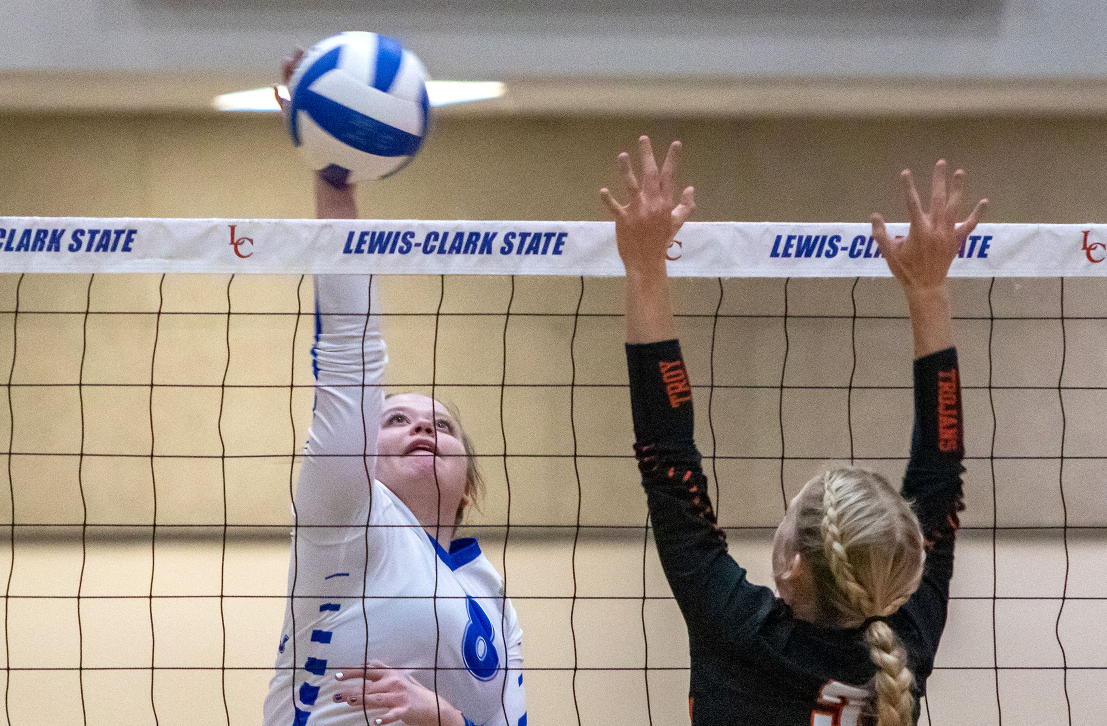 Genesee High’s Shelby Hanson gets vertical for a spike against Troy High during the Idaho Class 1A Division I district volleyball tournament at the P1FCU Activity Center in Lewiston on Wednesday.