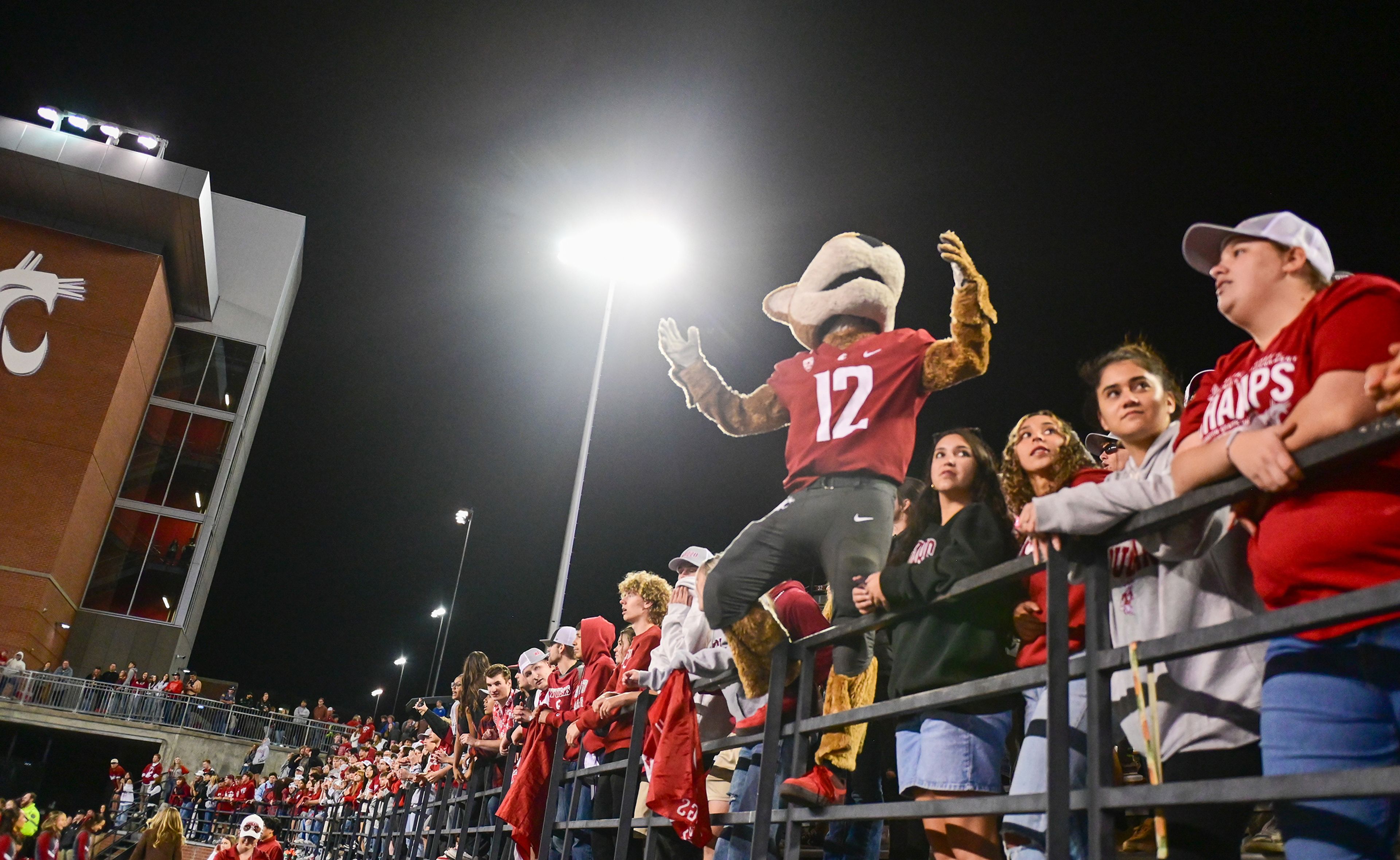 Cougar fans and mascot Butch T. Cougar look to the screen after a touchdown by San Jose State in the final minutes of regular play Friday in Pullman. The Washington State football team ended up battling its way to a wild 54-52 double-overtime win in the game, and on Sunday found just outside the top 25 in both the Associated Press and coaches' polls.