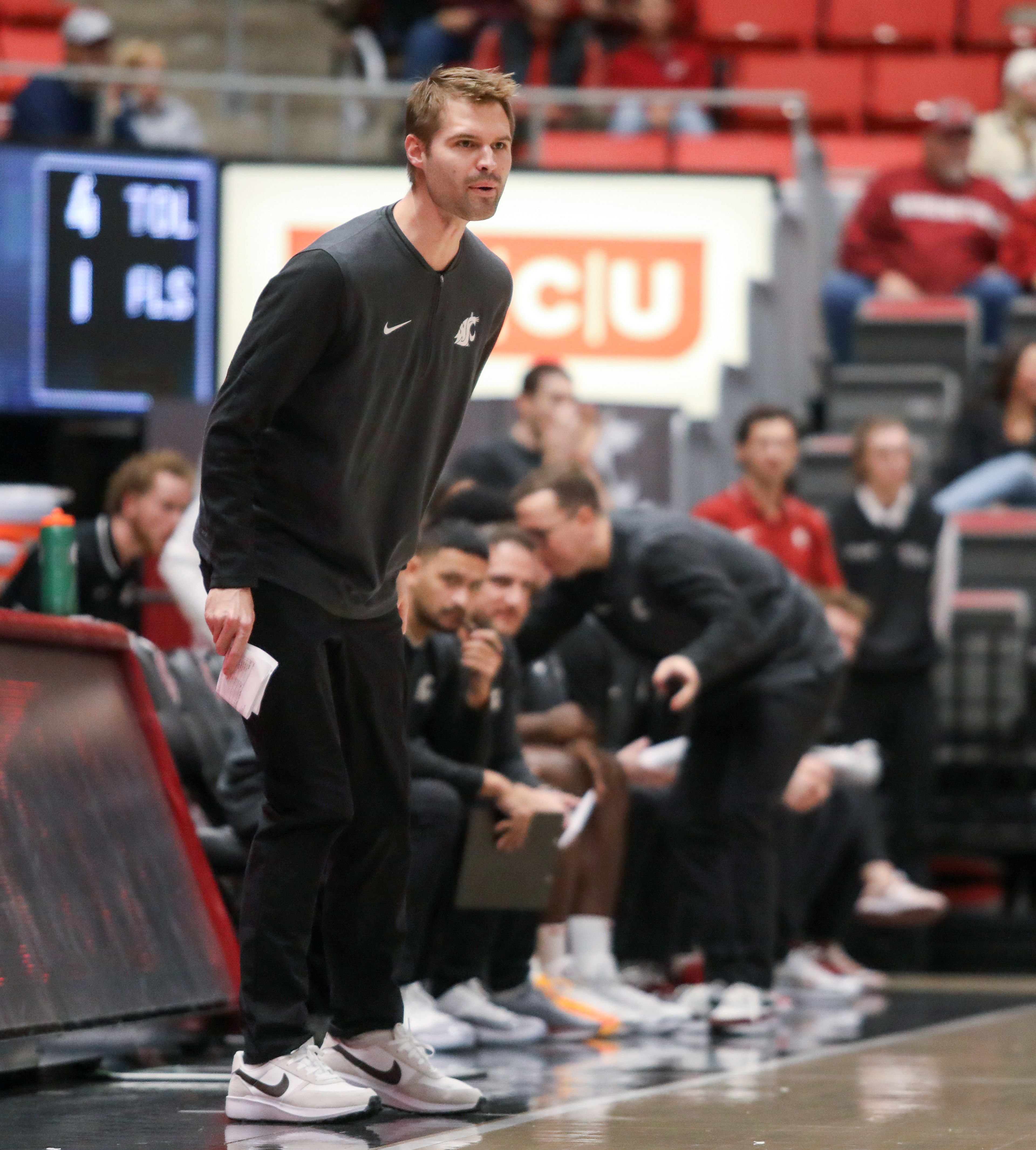 Washington State head coach David Riley calls out to players as they face off Idaho Monday in the Battle of the Palouse game at Beasley Coliseum in Pullman.