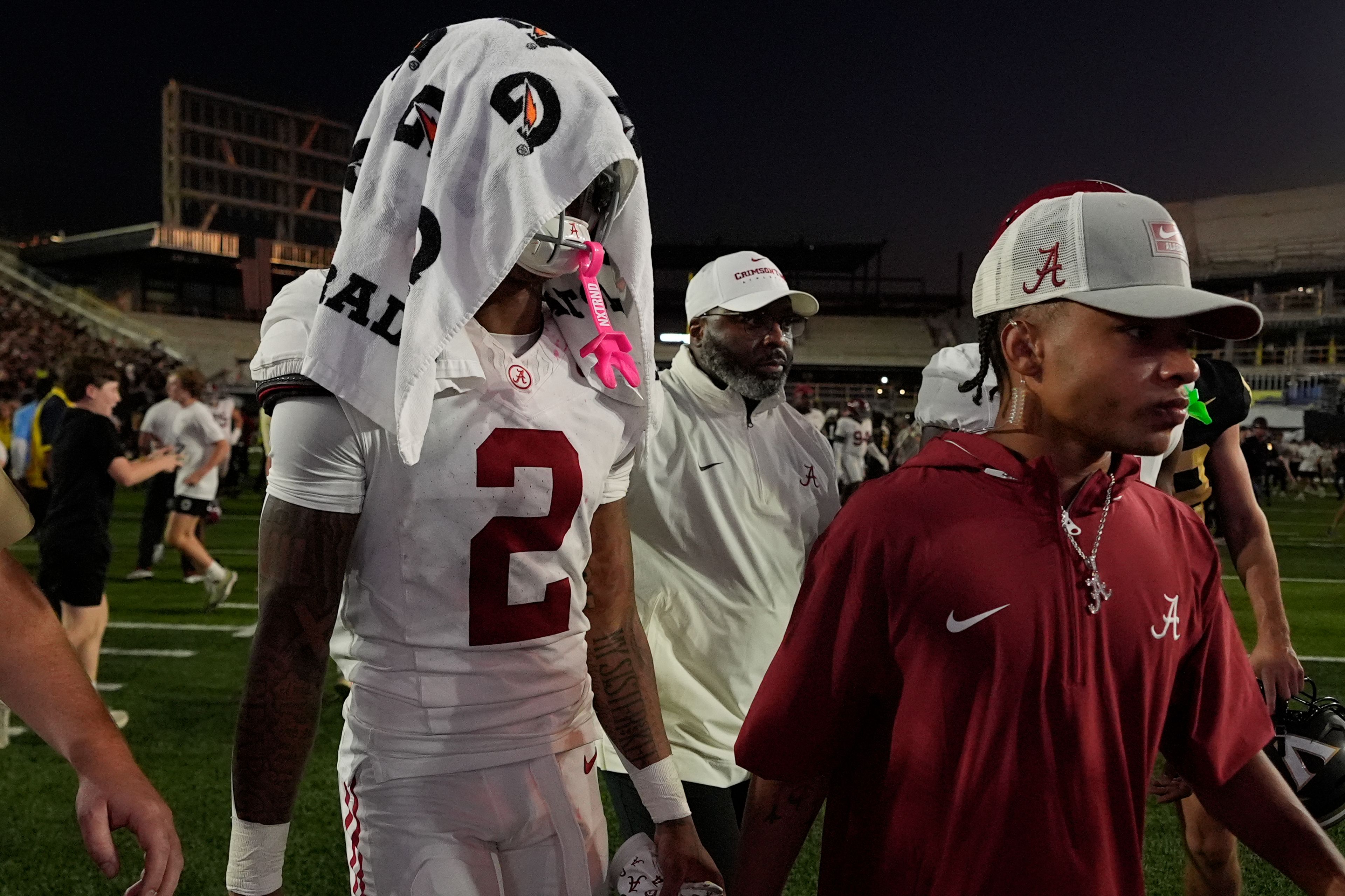 Alabama wide receiver Ryan Williams (2) leaves the field after the team's loss against Vanderbilt after an NCAA college football game Saturday, Oct. 5, 2024, in Nashville, Tenn. (AP Photo/George Walker IV)