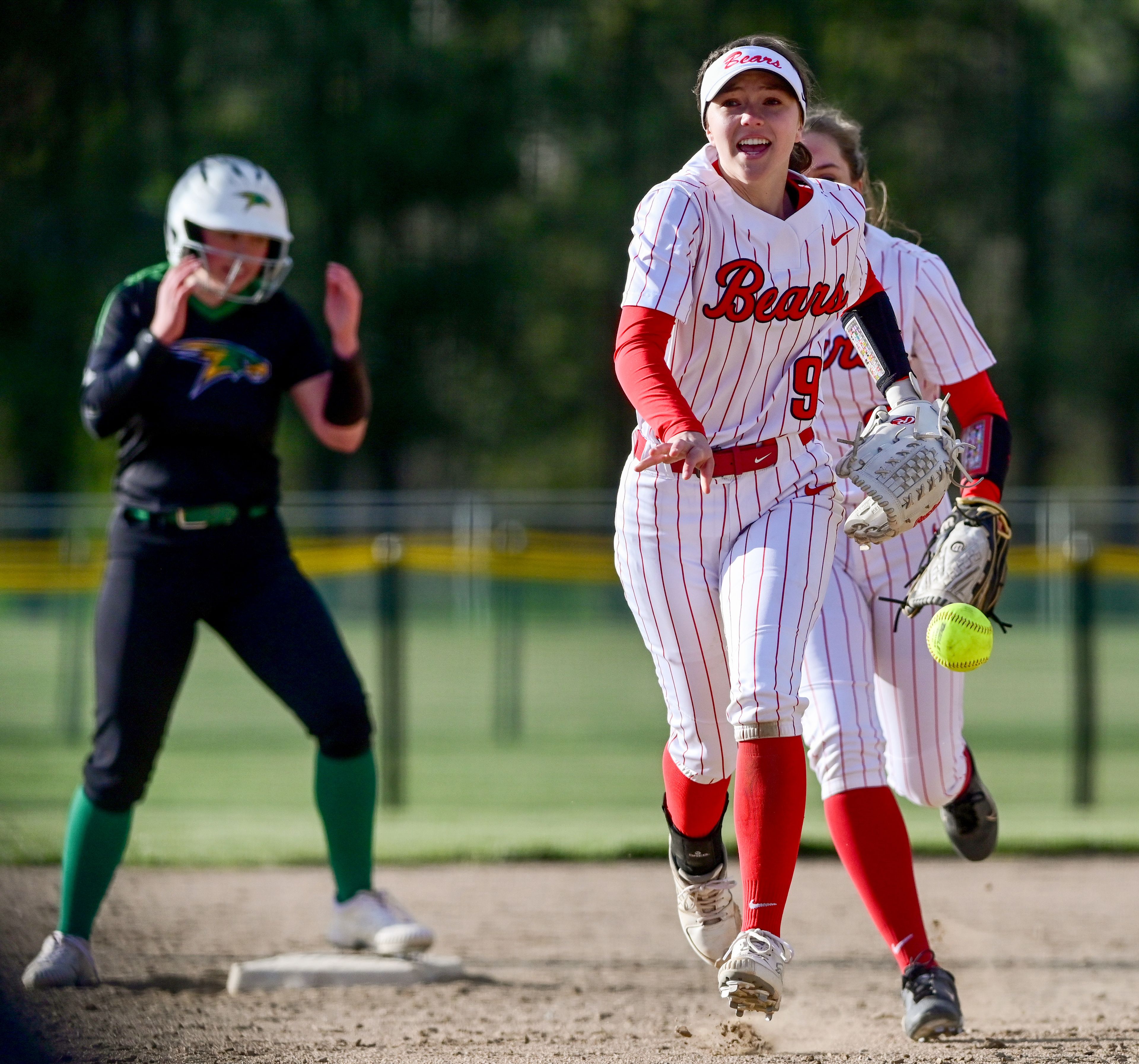 Msocow’s Ella McCallie (9) smiles while running during Tuesday's game against Lakeland in Moscow.