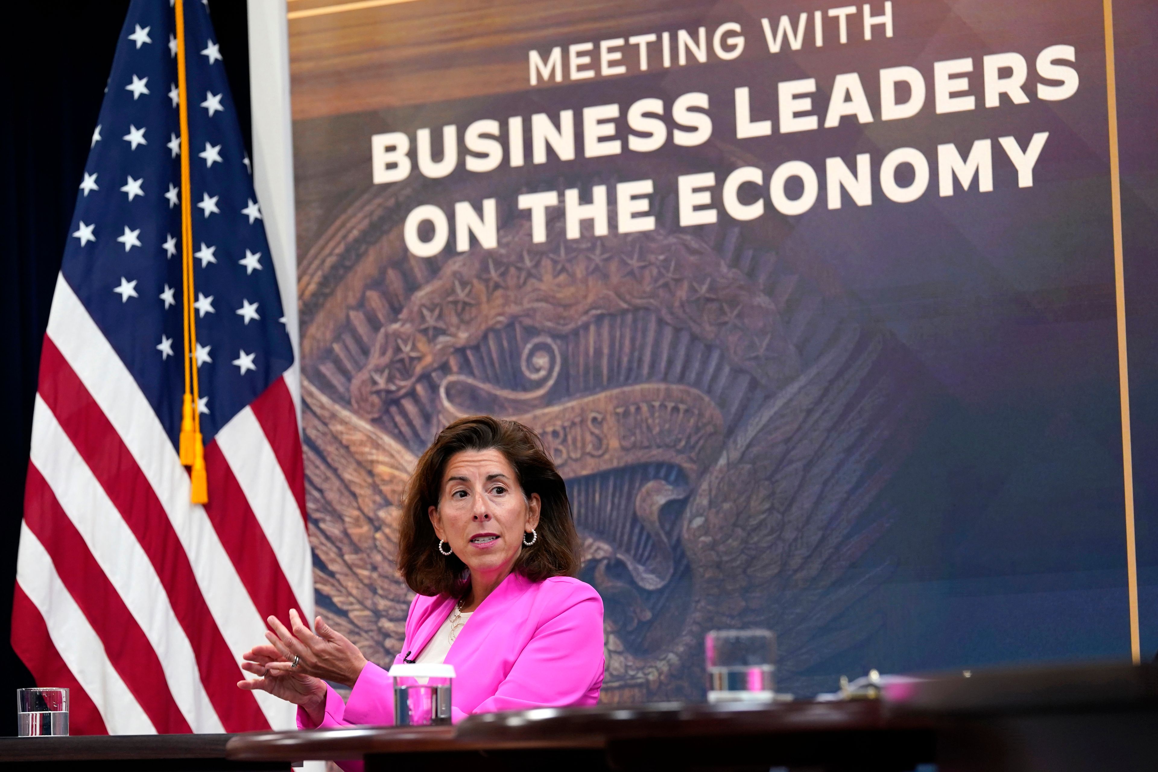 Commerce Secretary Gina Raimondo speaks during a meeting with CEOs in the South Court Auditorium on the White House complex in Washington, Thursday, July 28, 2022. President Joe Biden participated in the meeting and was updated on economic conditions across key sectors and industries. (AP Photo/Susan Walsh)