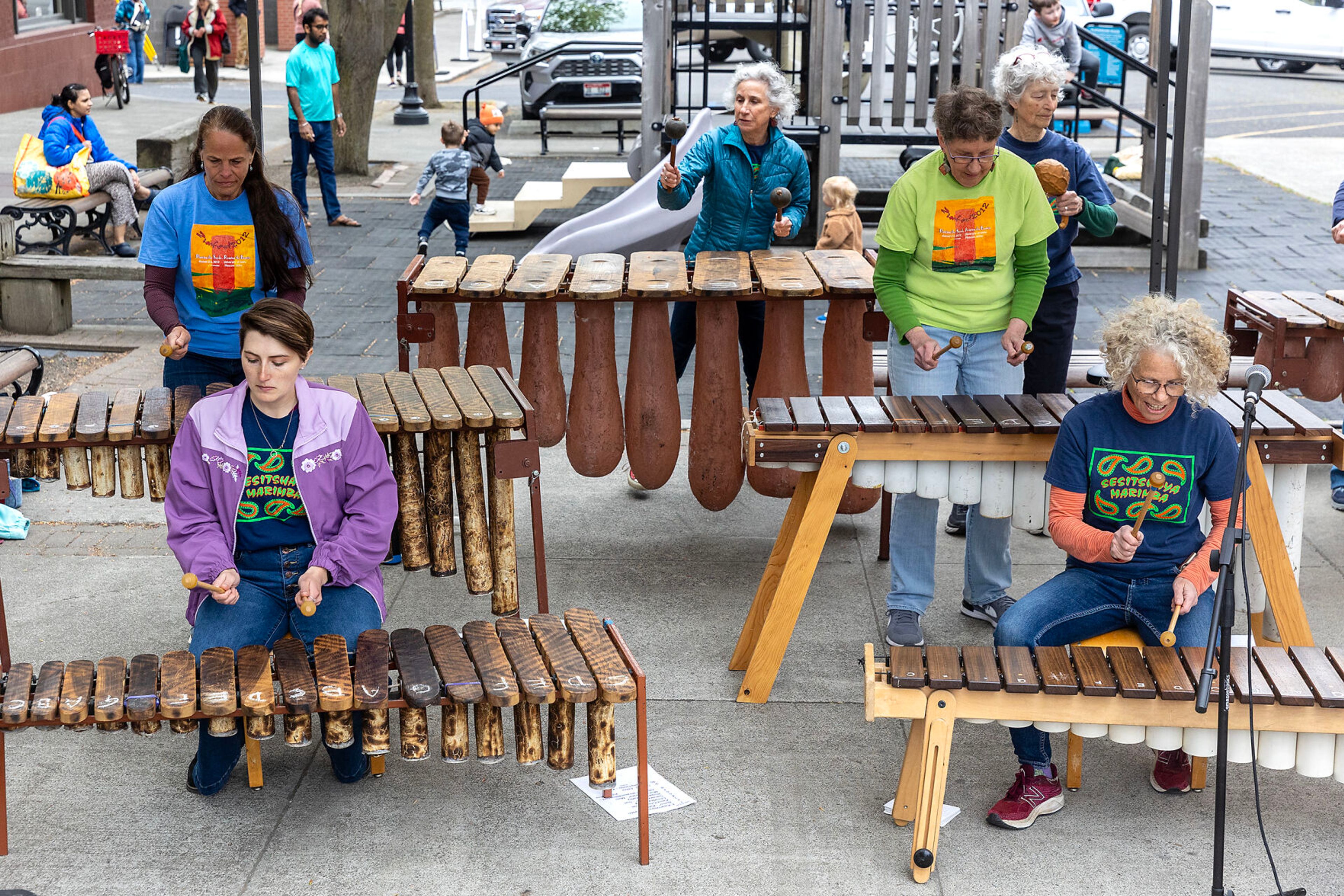 Sesitshaya Marimba play marimbas for their songs of the indigenous peoples of Zimbabwe at the Moscow Farmers Market Saturday in Moscow.