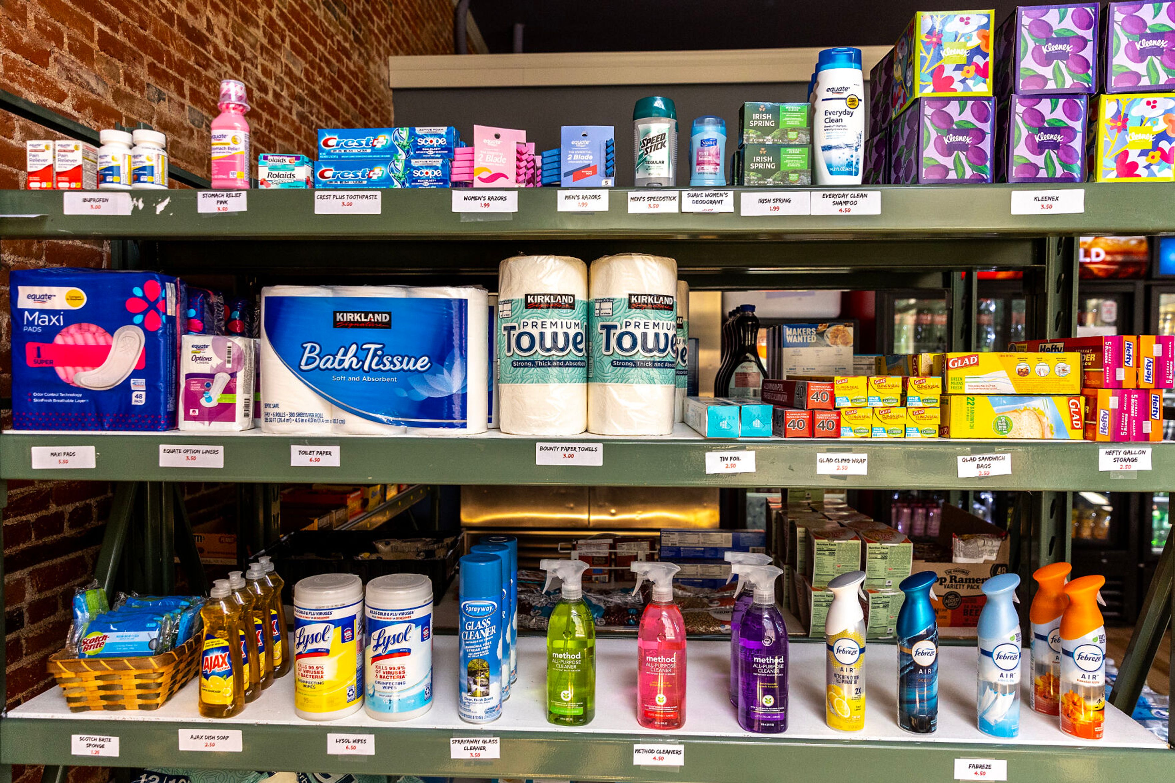 Various amenities from toilet paper to Lysol wipes sit on shelves Wednesday at Uniontown General.