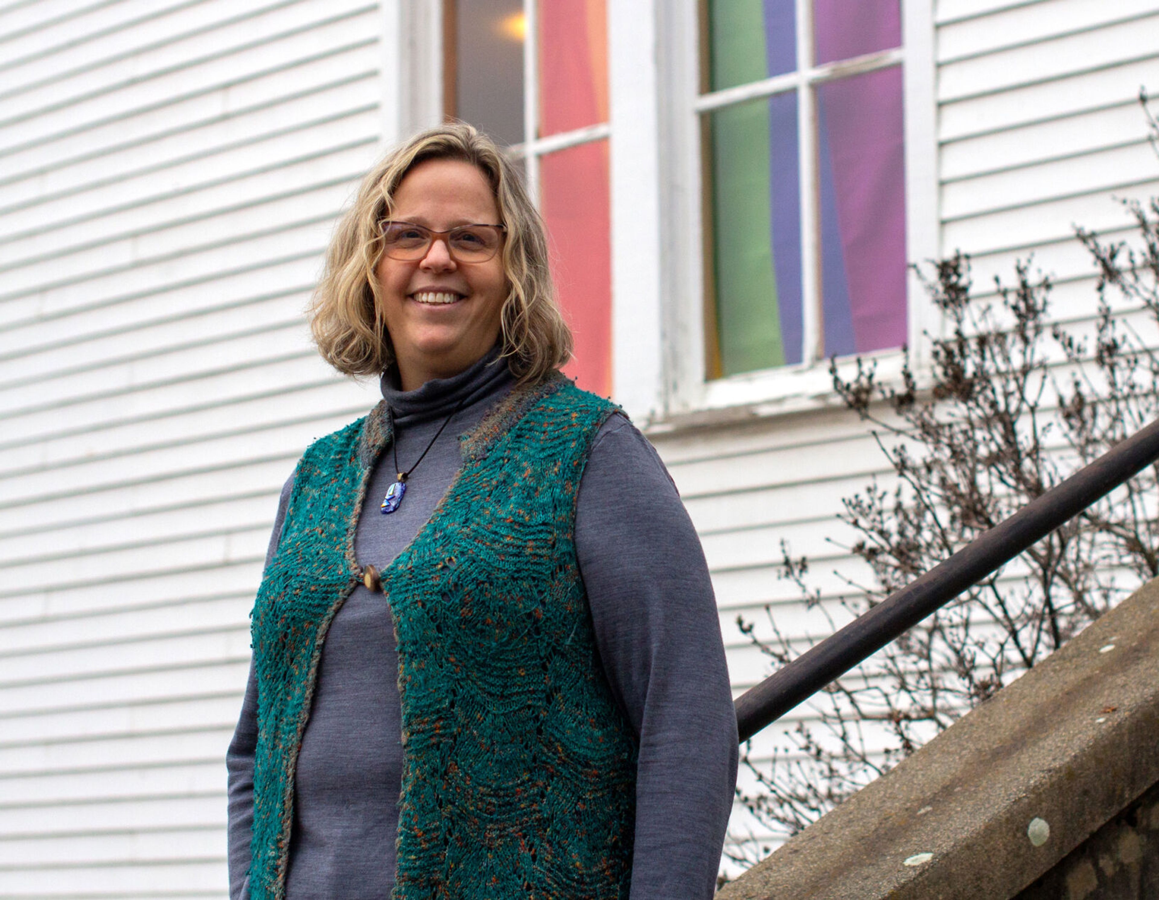 Rev. Elizabeth Stevens stands in front of the Unitarian Universalist Church of the Palouse in Moscow. During a cold snap this winter, the church offered its building as a shelter for those without a place to stay.