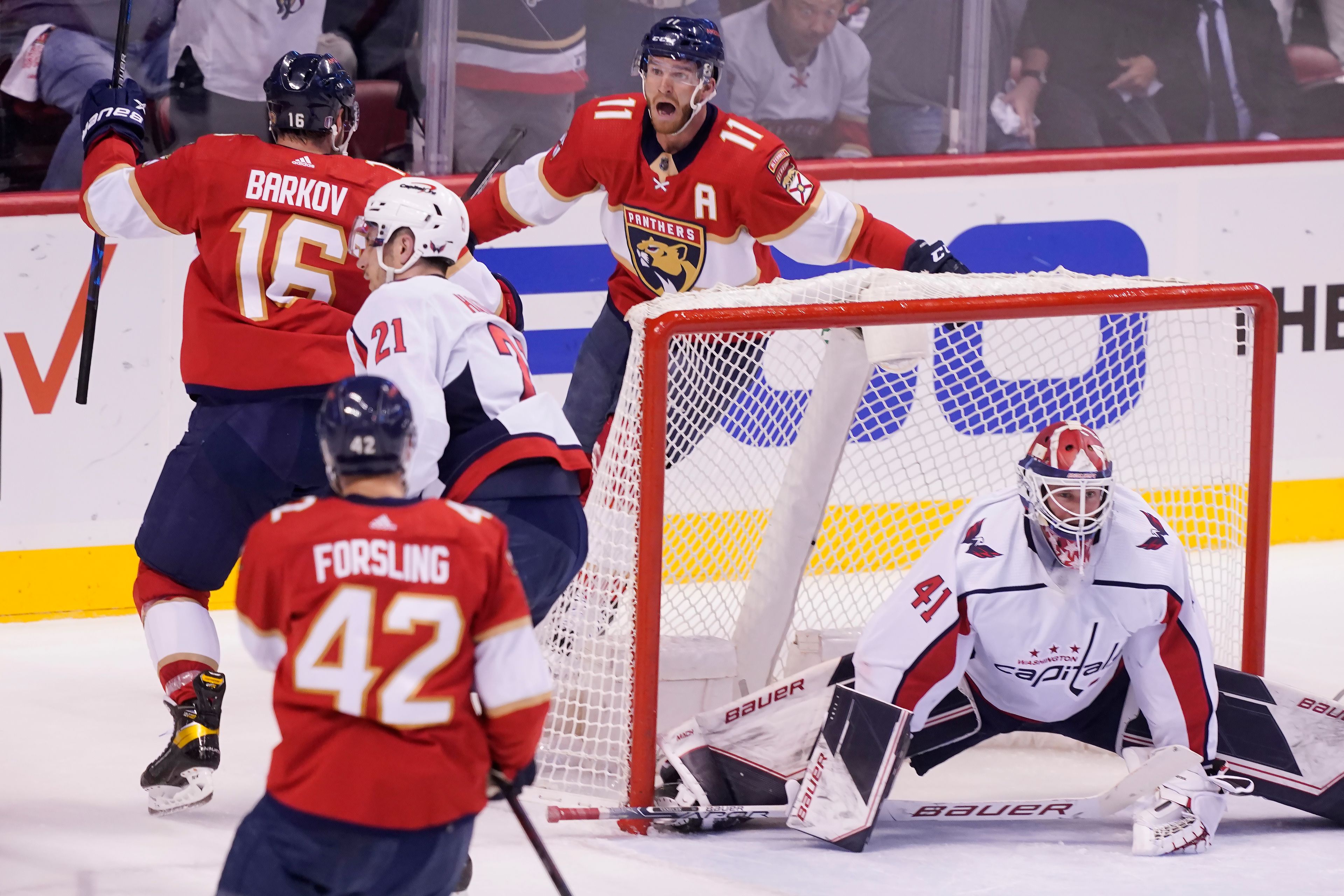 Associated Press Panthers center Aleksander Barkov (16) celebrates his goal with Jonathan Huberdeau (11) during the first period of Game 2 Thursday against the Capitals in Sunrise, Fla.