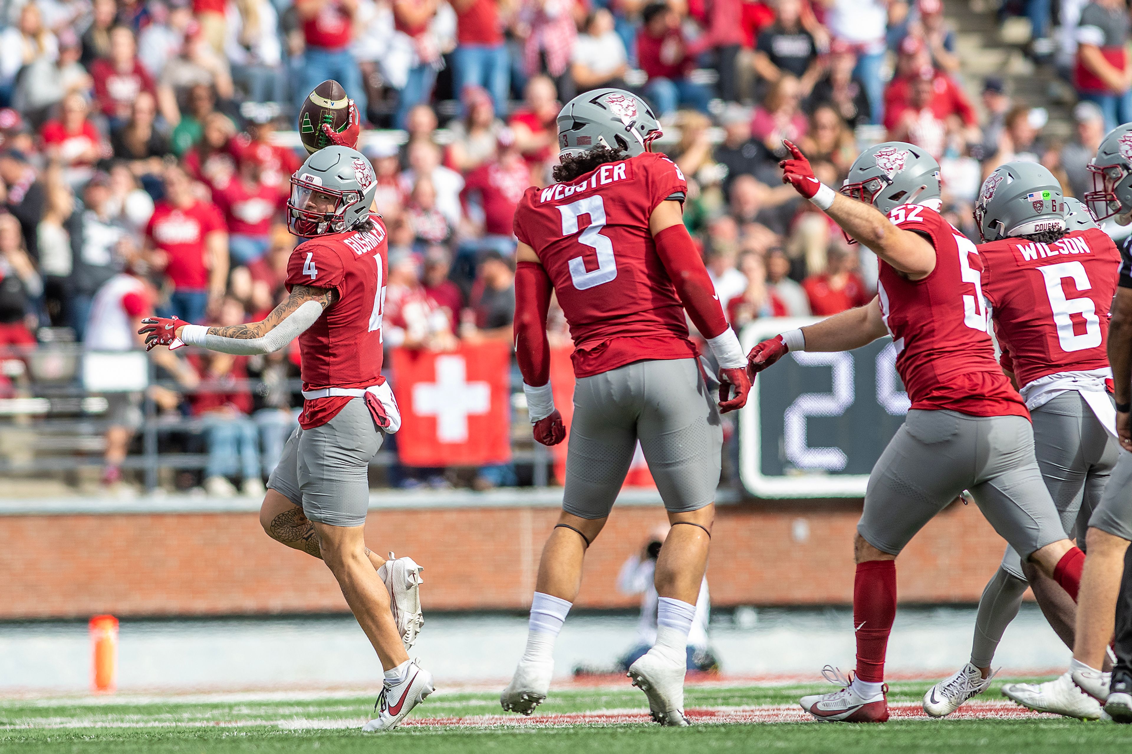 Washington State defensive back Kapena Gushiken celebrates grabbing a Hawaii fumble in a college football game on Saturday at Gesa Field in Pullman.,