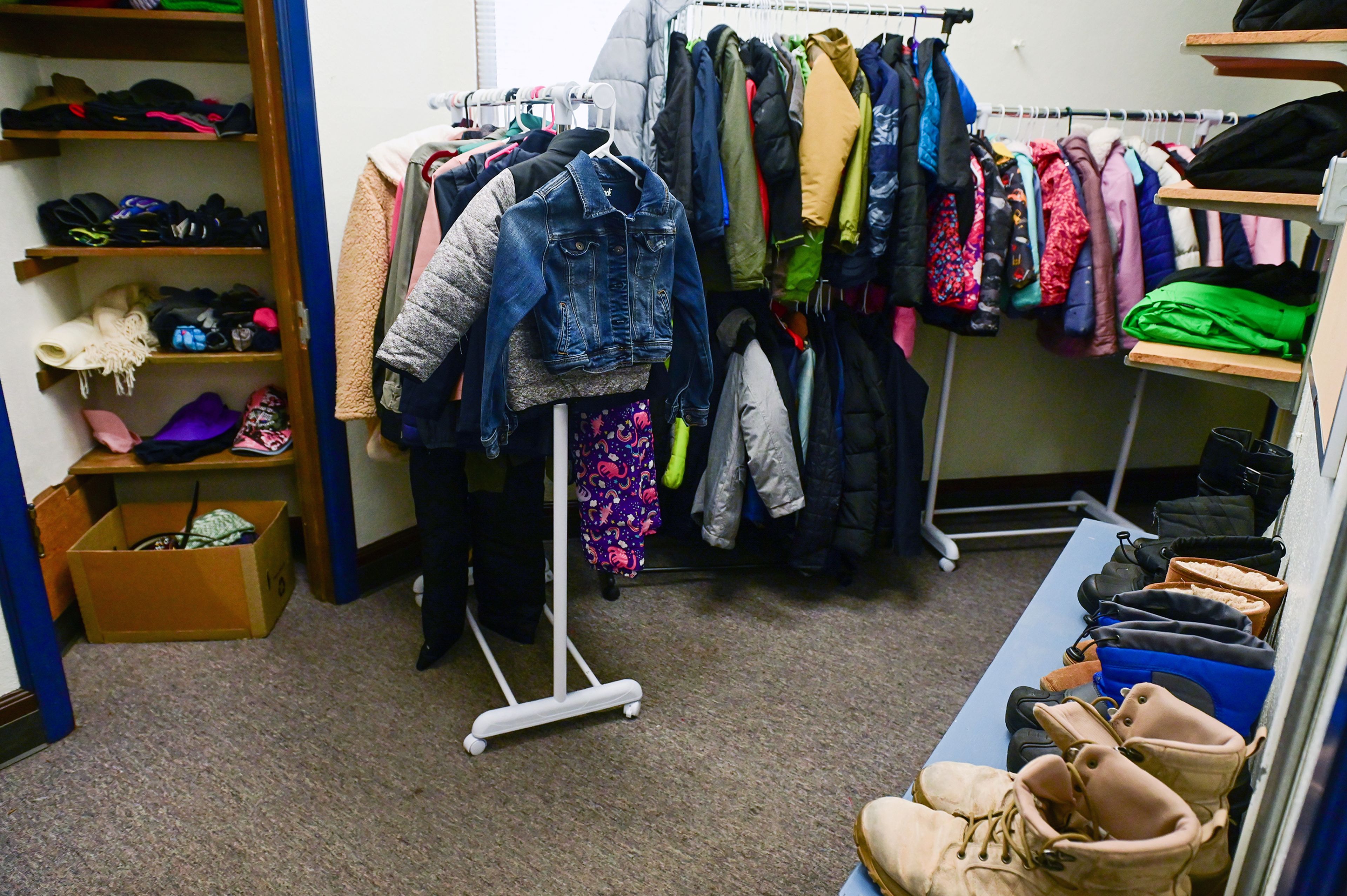 A winter clothing closet offers clothes and accessories for the coming cold weather at the Moscow School District Family Resource Hub in the Russell Elementary building Thursday in Moscow.